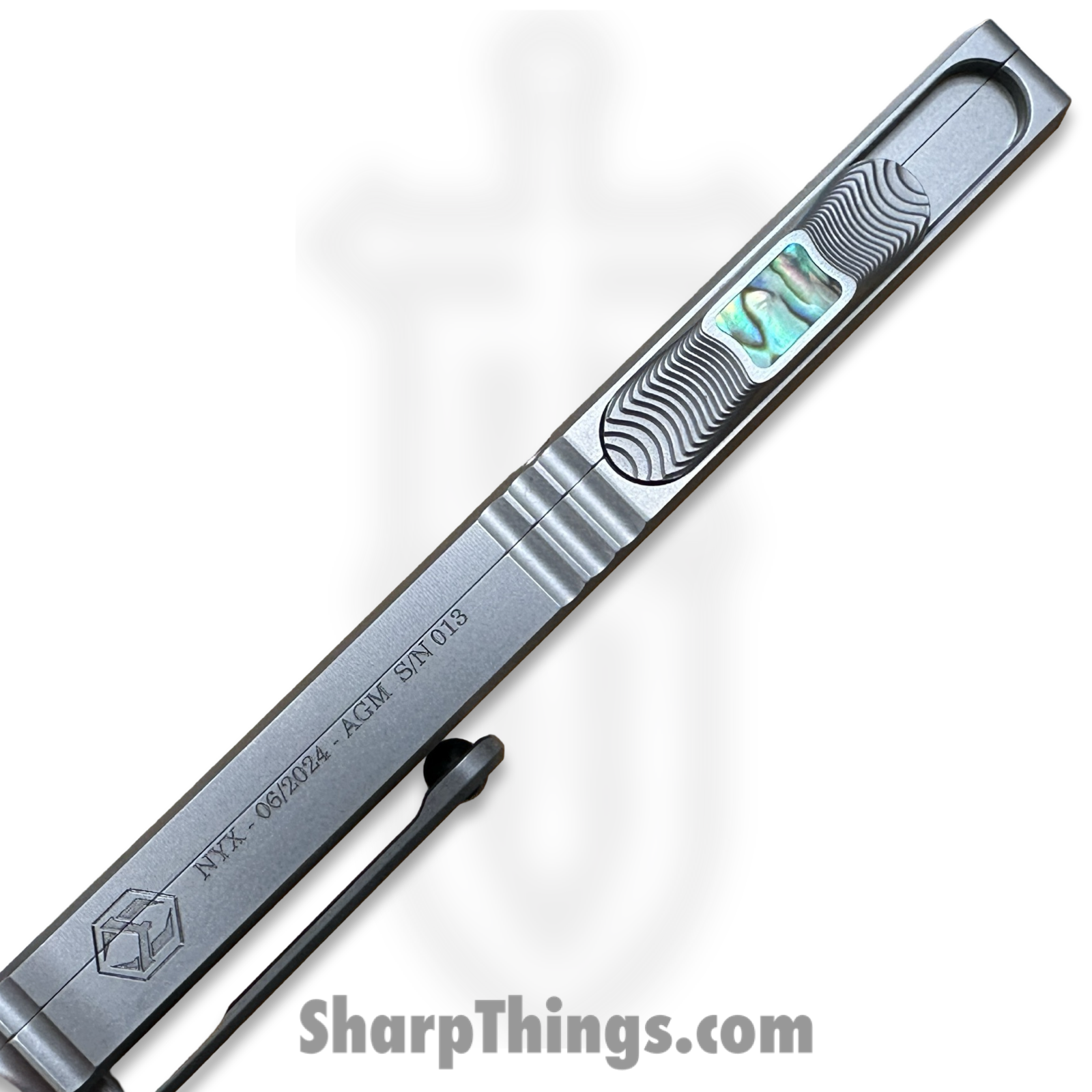 Heretic Knives - NYXCSTM524 - NYX Custom - OTF Auto - Mirror Polish M390 Clip Point - SS Frame w Abalone Inlays - Polished - Image 10