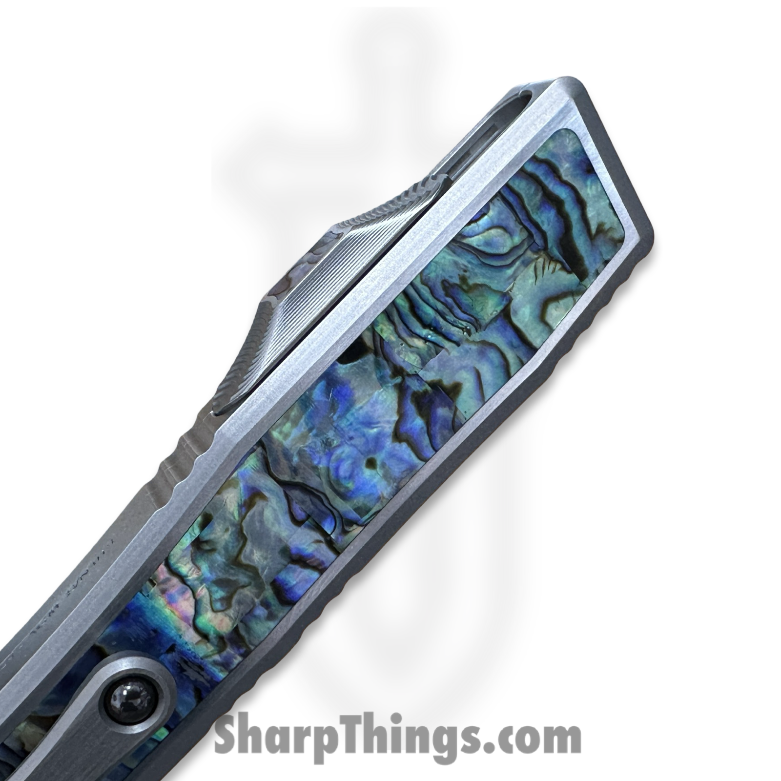 Heretic Knives - NYXCSTM524 - NYX Custom - OTF Auto - Mirror Polish M390 Clip Point - SS Frame w Abalone Inlays - Polished - Image 9