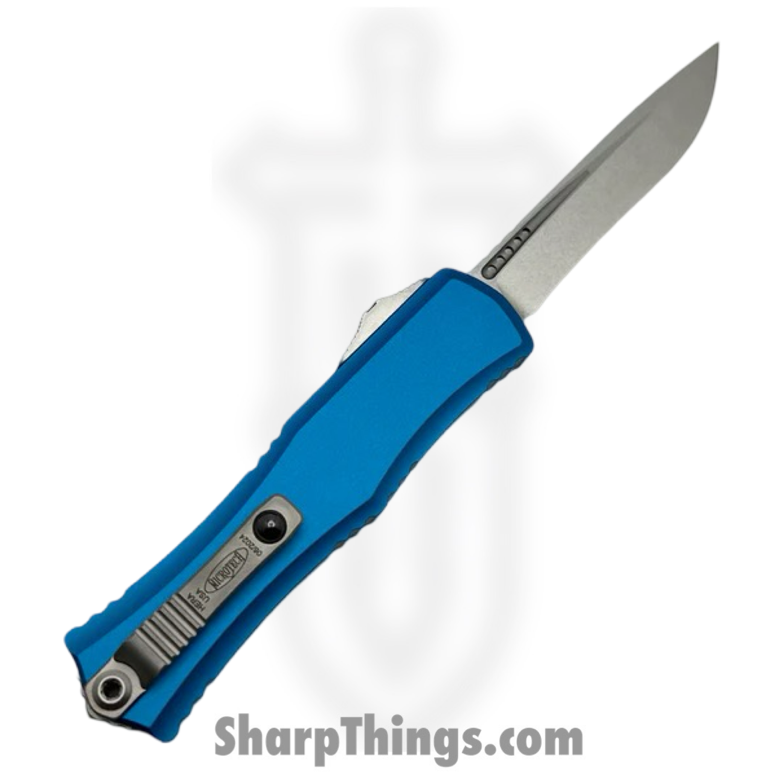 Microtech - 1705M-10BL - Mini Hera II - OTF Auto - M390MK Stonewash Recurve - 6061-T6 Aluminum - Blue - Image 2