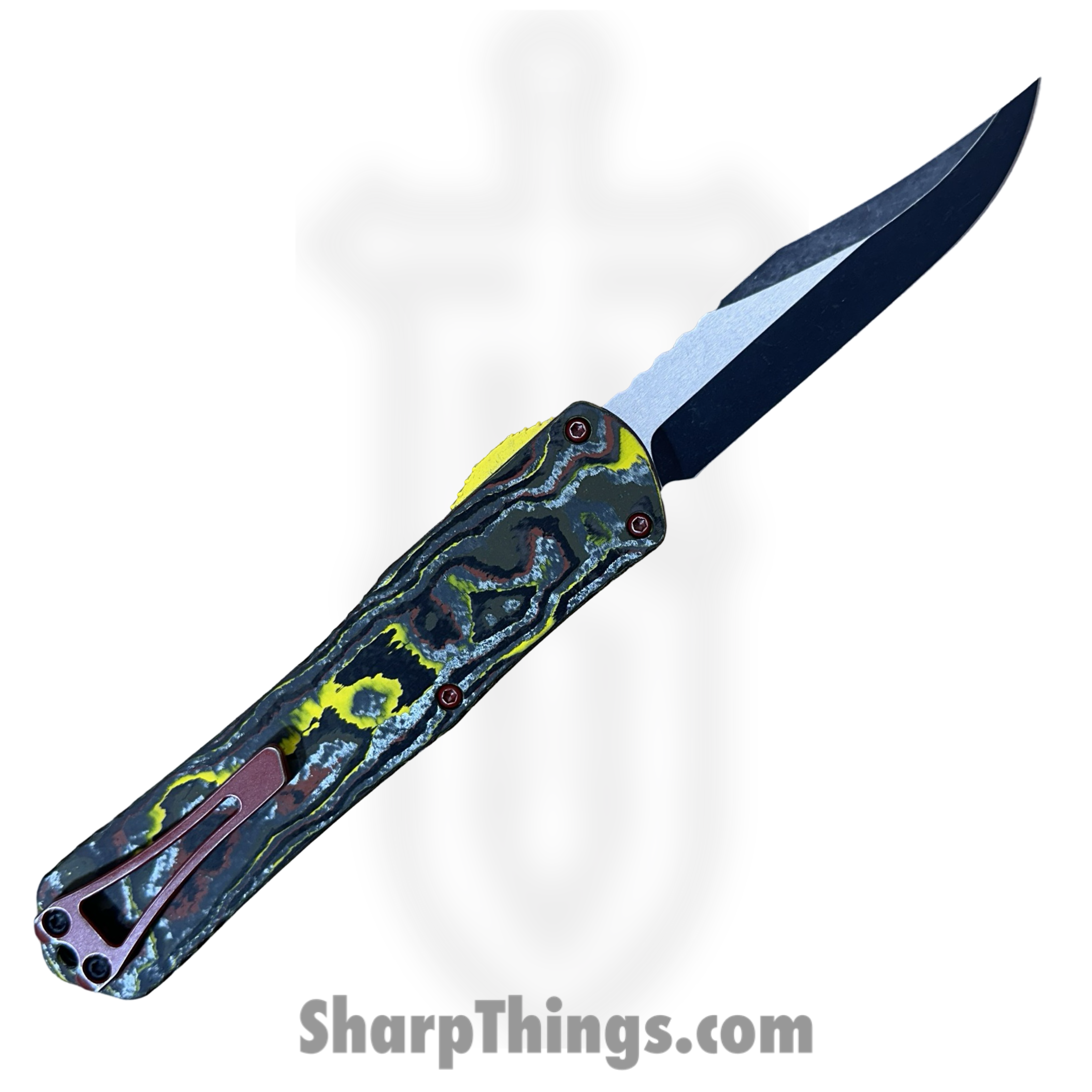 Heretic Knives - H030B-14A-BOUNTY - Manticore X - OTF Auto - CPM MagnaCut Two Tone Bowie - 6061-T6 Aluminum/ FAT Carbon Fiber - Black/Red/Yellow/Green - Image 2