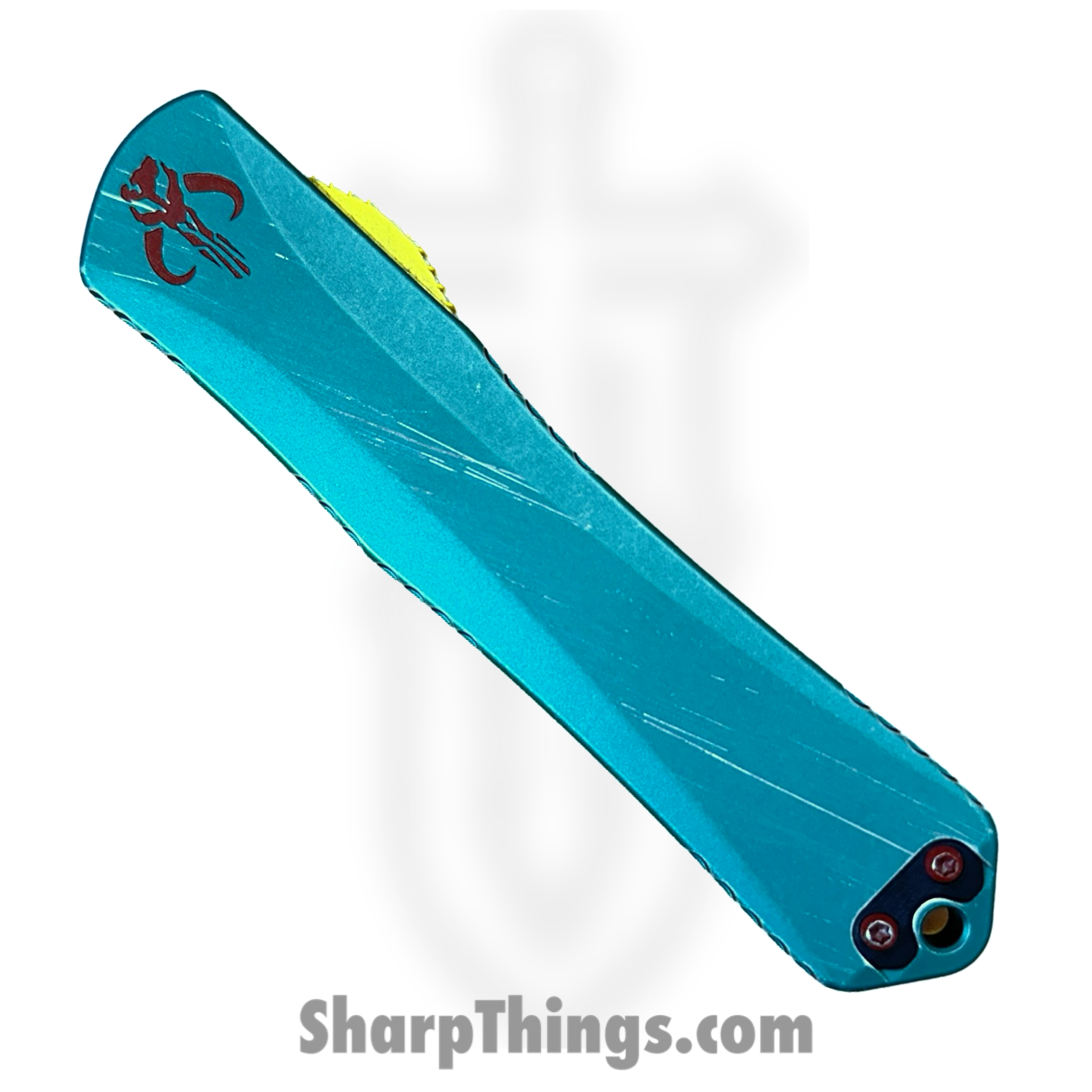 Heretic Knives - H030B-14A-BOUNTY - Manticore X - OTF Auto - CPM MagnaCut Two Tone Bowie - 6061-T6 Aluminum/ FAT Carbon Fiber - Black/Red/Yellow/Green - Image 4