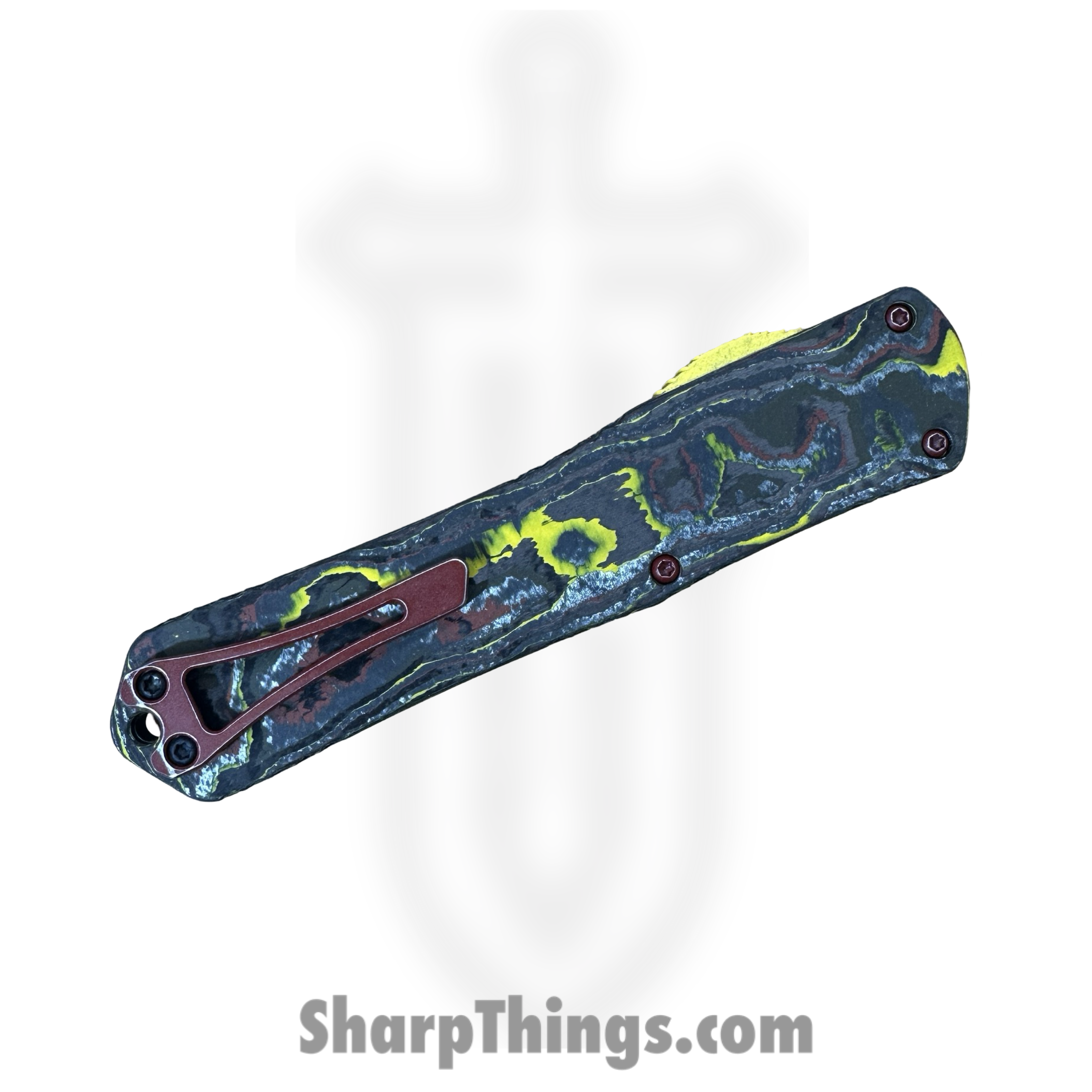 Heretic Knives - H030B-14A-BOUNTY - Manticore X - OTF Auto - CPM MagnaCut Two Tone Bowie - 6061-T6 Aluminum/ FAT Carbon Fiber - Black/Red/Yellow/Green - Image 3