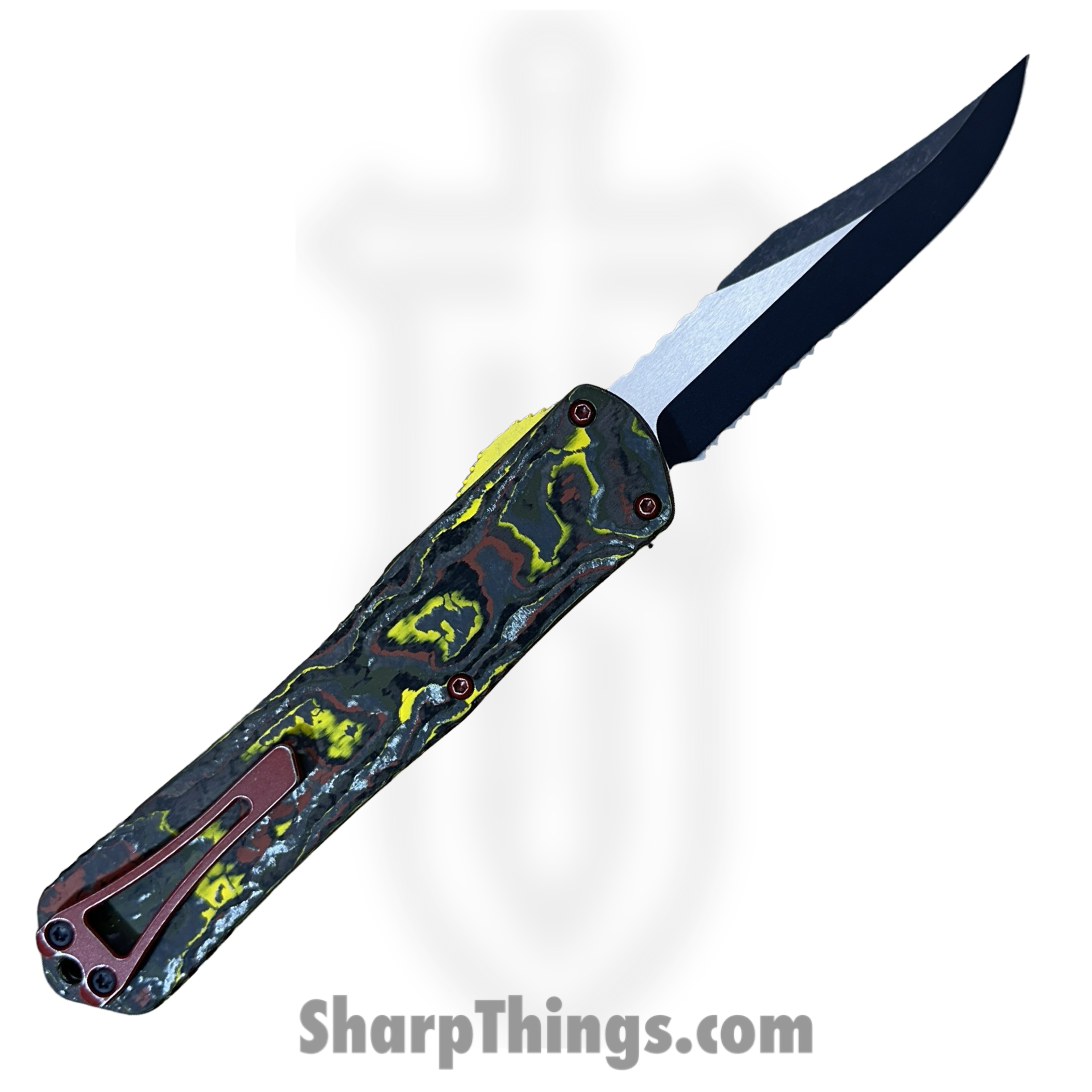Heretic Knives - H030B-14B-BOUNTY - Manticore X - OTF Auto - CPM MagnaCut Two Tone Bowie P/S - 6061-T6 Aluminum/ FAT Carbon Fiber - Black/Red/Yellow/Green - Image 4