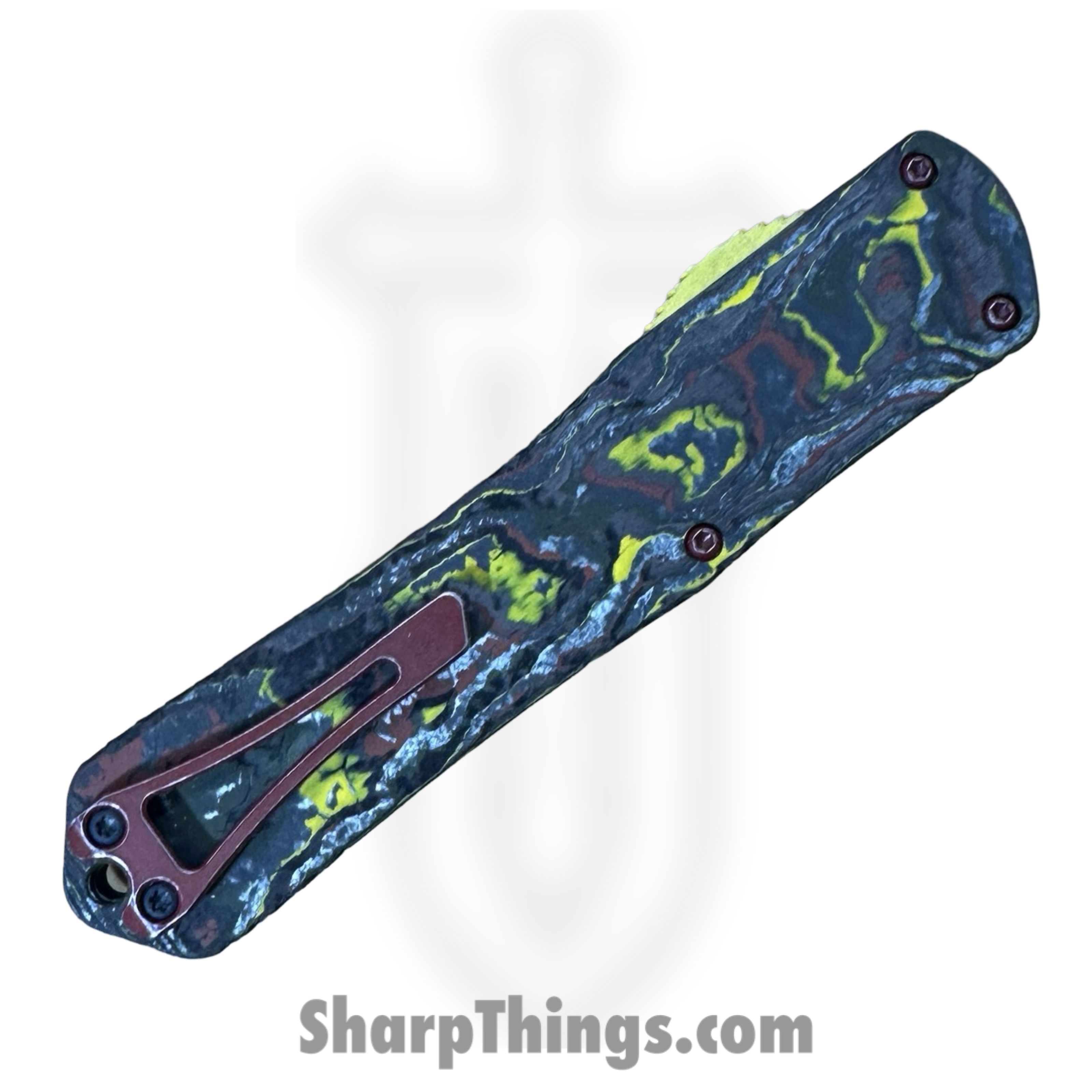 Heretic Knives - H030B-14B-BOUNTY - Manticore X - OTF Auto - CPM MagnaCut Two Tone Bowie P/S - 6061-T6 Aluminum/ FAT Carbon Fiber - Black/Red/Yellow/Green - Image 3