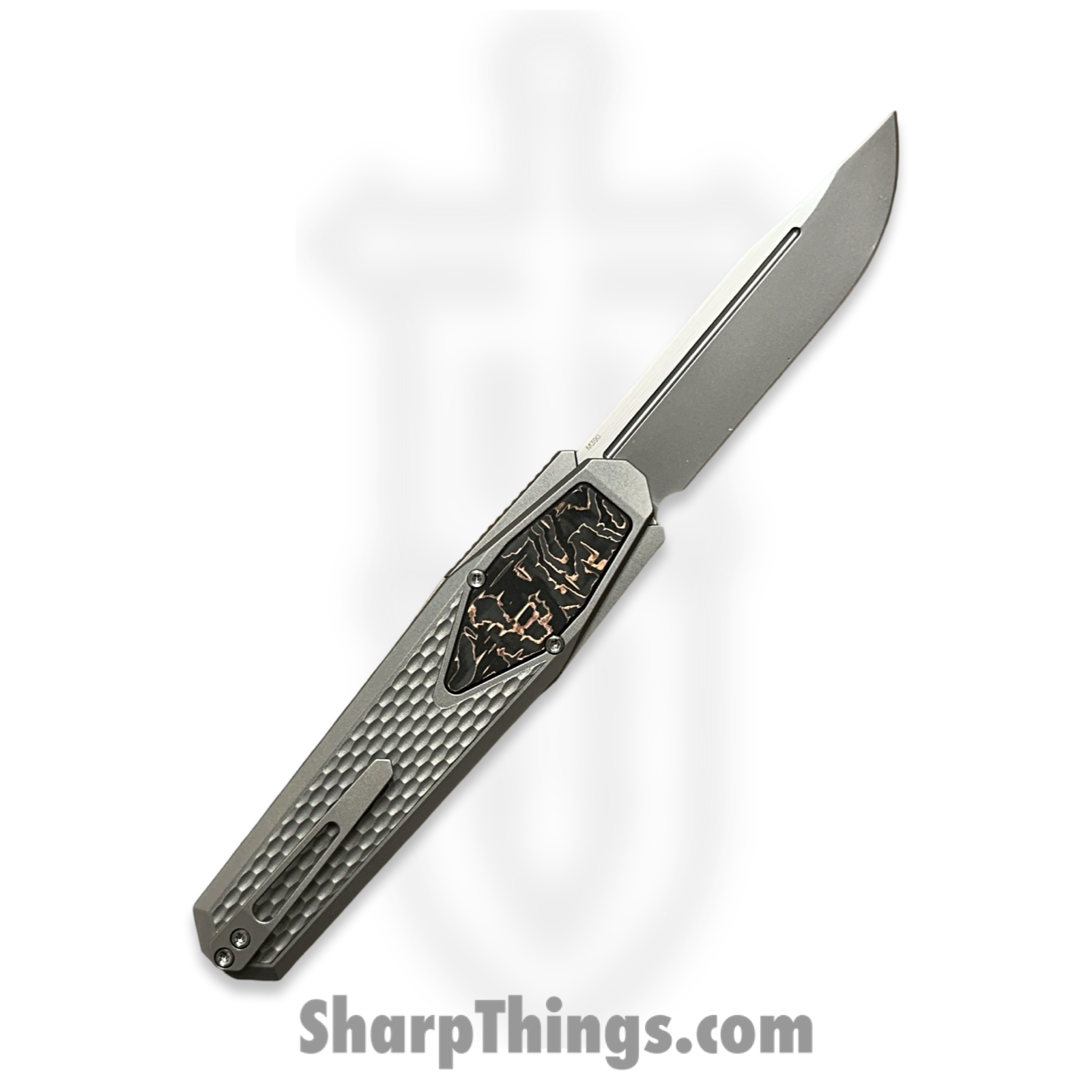 Remette - ZL101A4 - RT Swordfish - OTF Gravity Knife - Clip Point M390 Satin/Blasted - Sleek Jigged Titanium w Carbon Fiber Inlay - Gray - Image 2