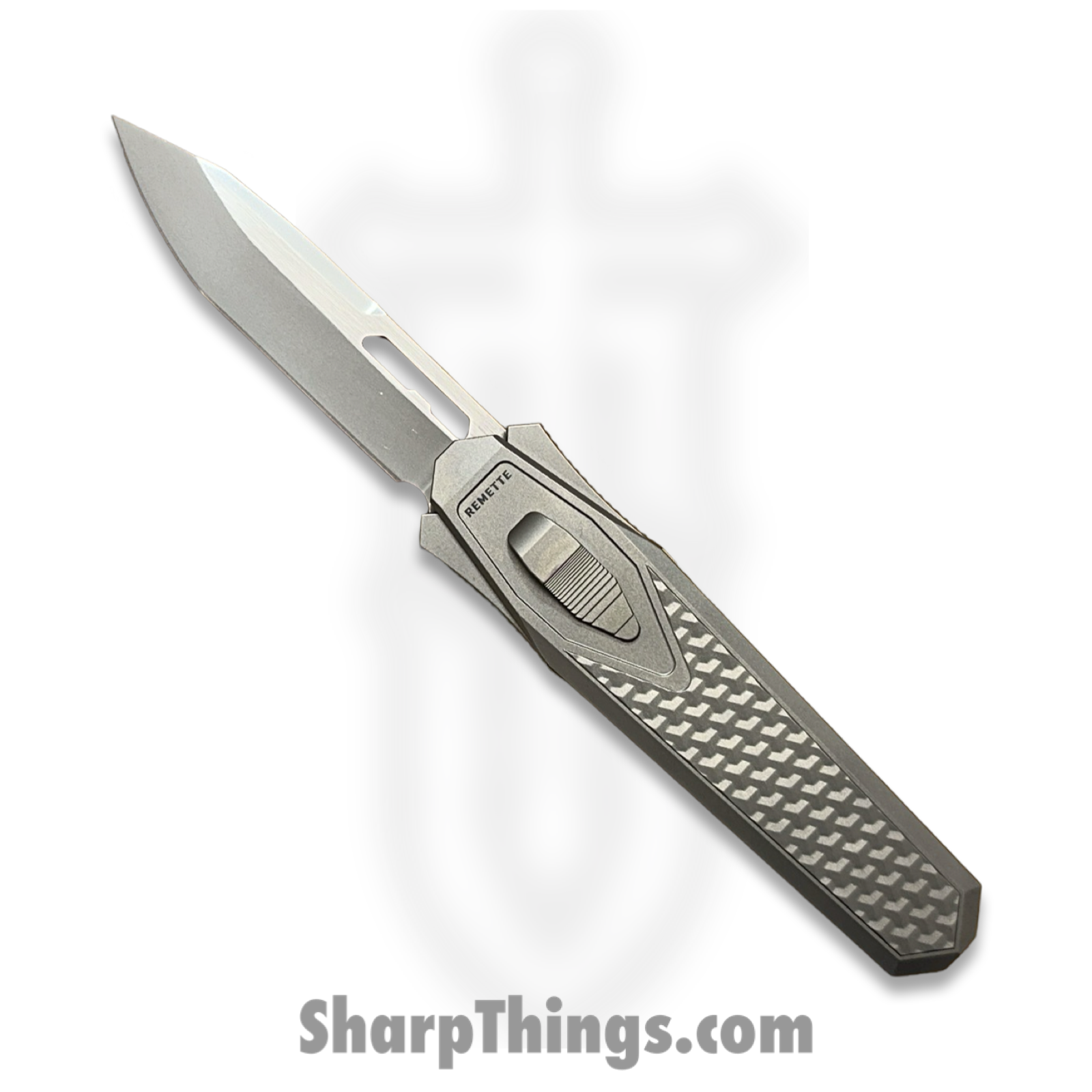 Remette - ZL101B4 - RT Swordfish - OTF Gravity Knife - M390 Satin/Blasted Tanto - Flair Style - Pattern Titanium w Carbon Fiber Inlay - Gray