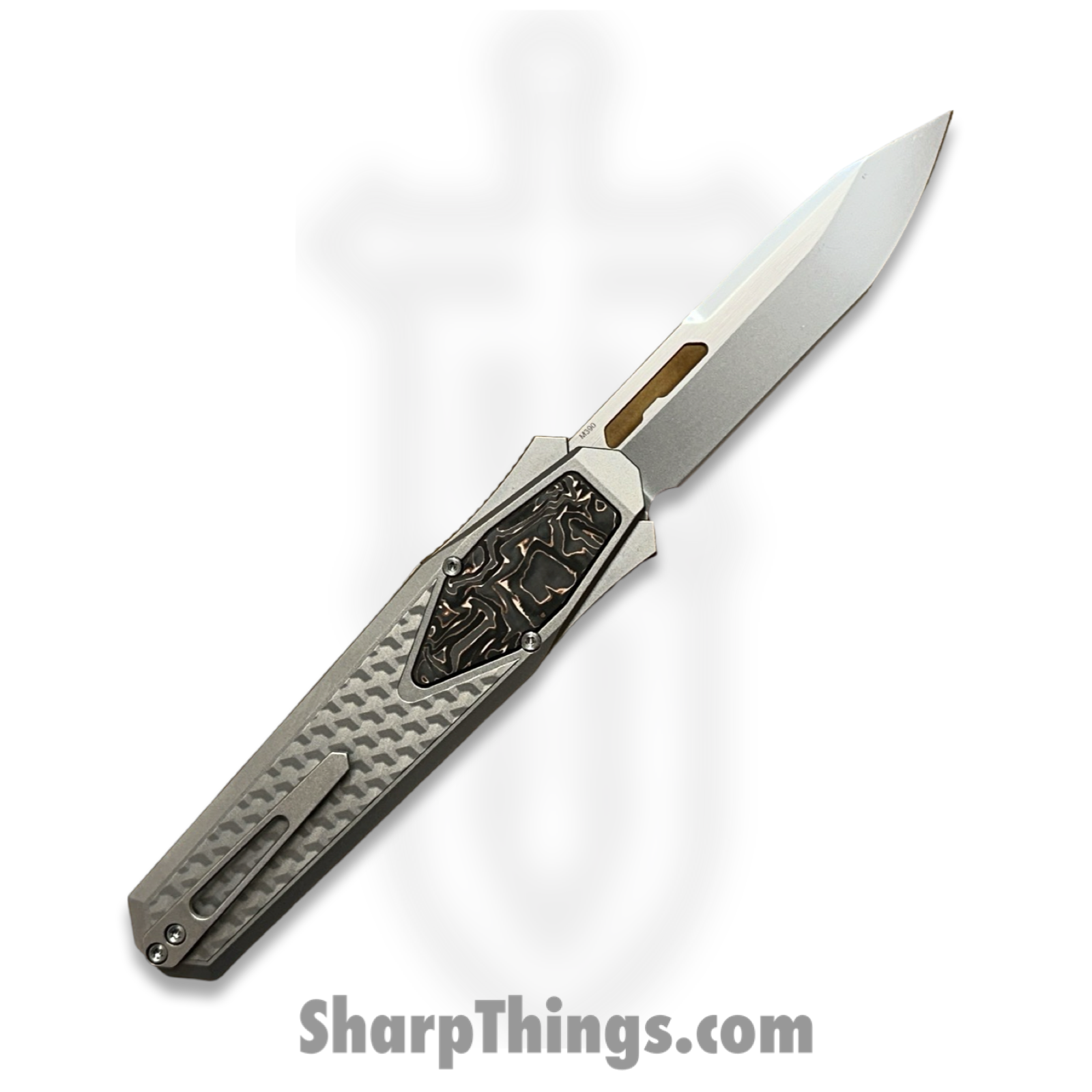 Remette - ZL101B4 - RT Swordfish - OTF Gravity Knife - M390 Satin/Blasted Tanto - Flair Style - Pattern Titanium w Carbon Fiber Inlay - Gray - Image 2