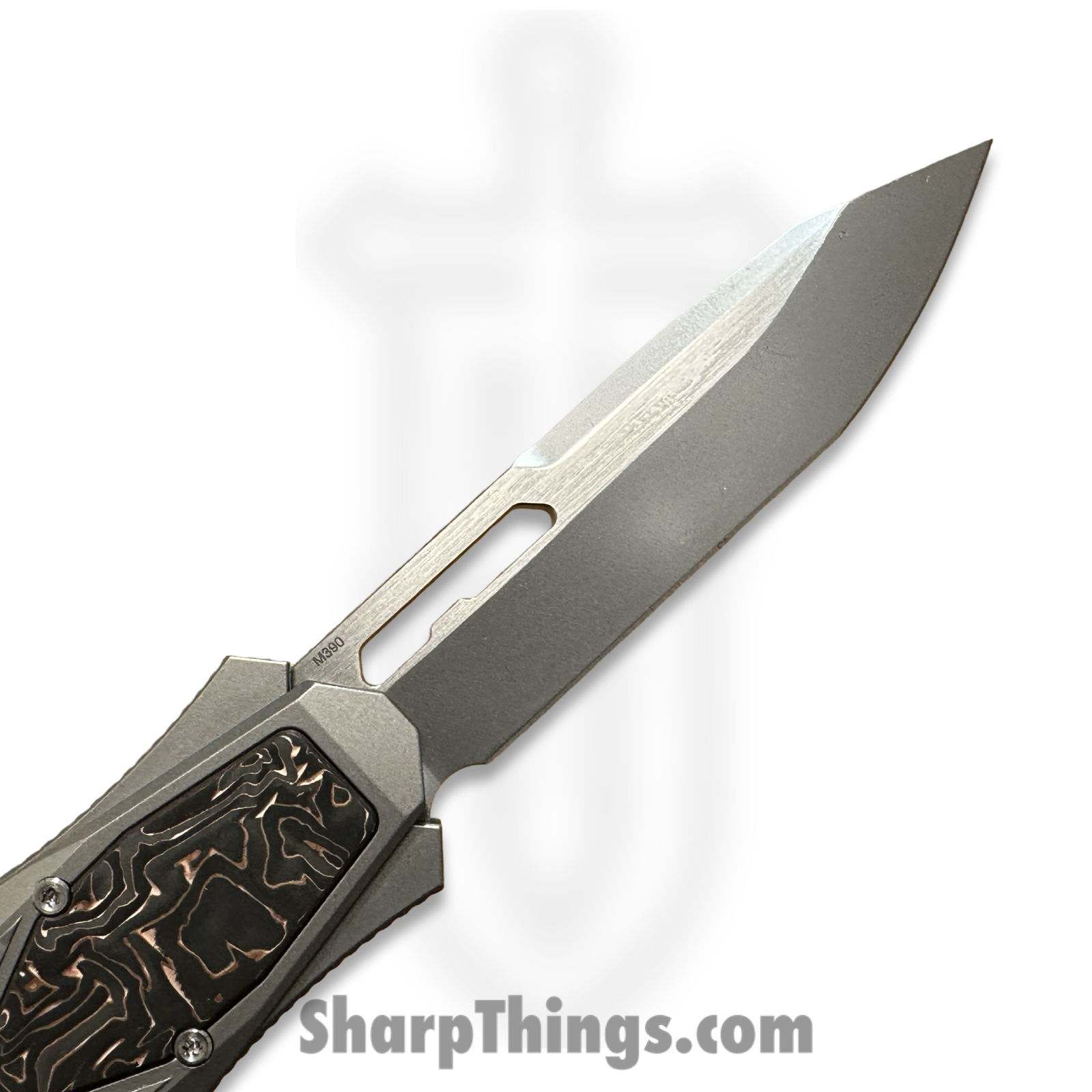 Remette - ZL101B4 - RT Swordfish - OTF Gravity Knife - M390 Satin/Blasted Tanto - Flair Style - Pattern Titanium w Carbon Fiber Inlay - Gray - Image 11