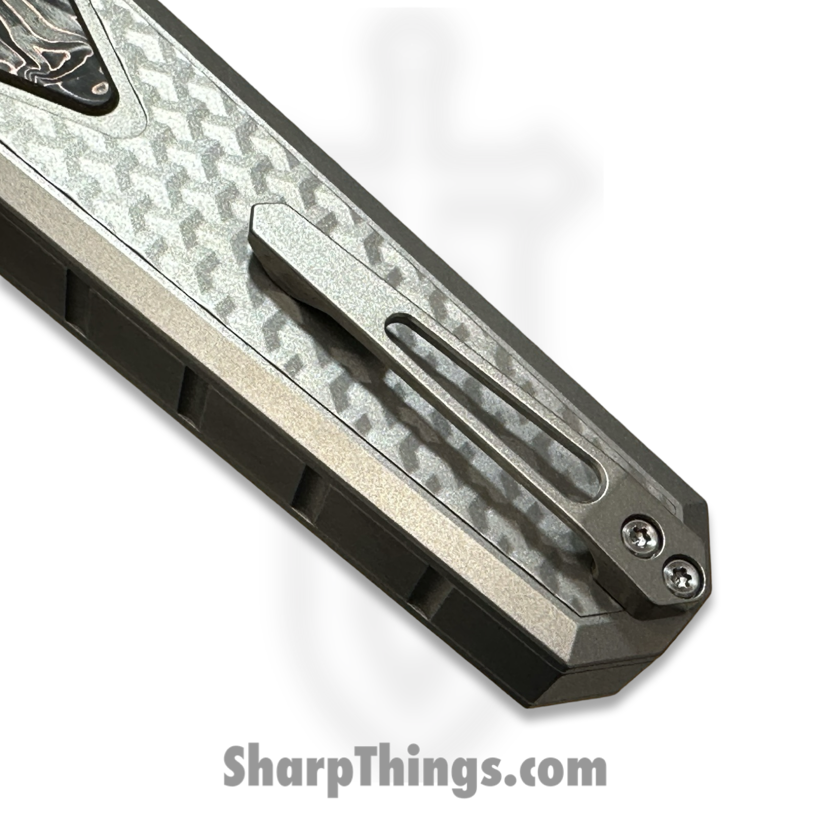 Remette - ZL101B4 - RT Swordfish - OTF Gravity Knife - M390 Satin/Blasted Tanto - Flair Style - Pattern Titanium w Carbon Fiber Inlay - Gray - Image 8