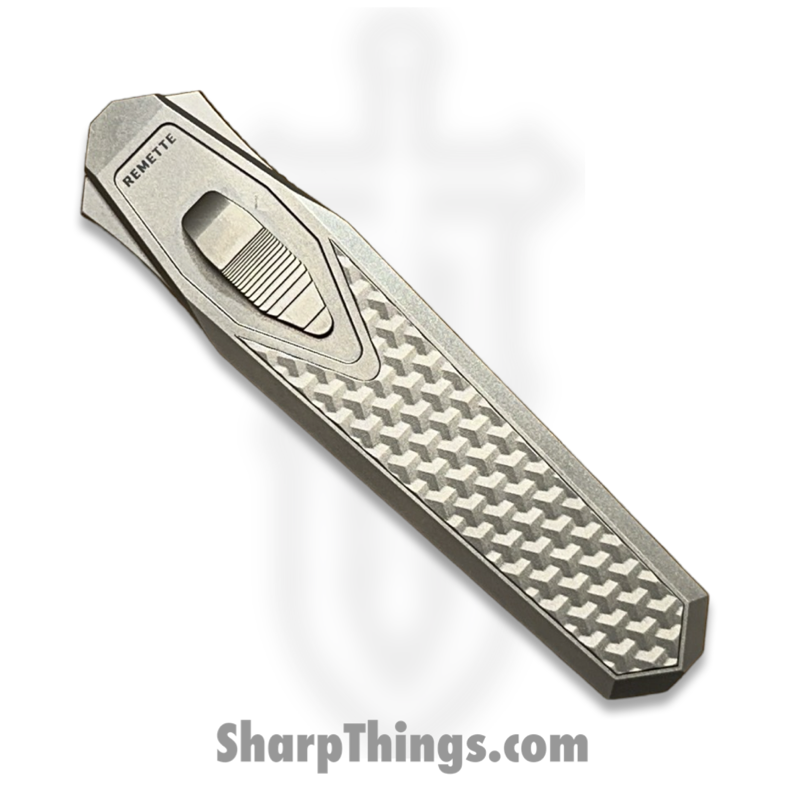 Remette - ZL101B4 - RT Swordfish - OTF Gravity Knife - M390 Satin/Blasted Tanto - Flair Style - Pattern Titanium w Carbon Fiber Inlay - Gray - Image 7