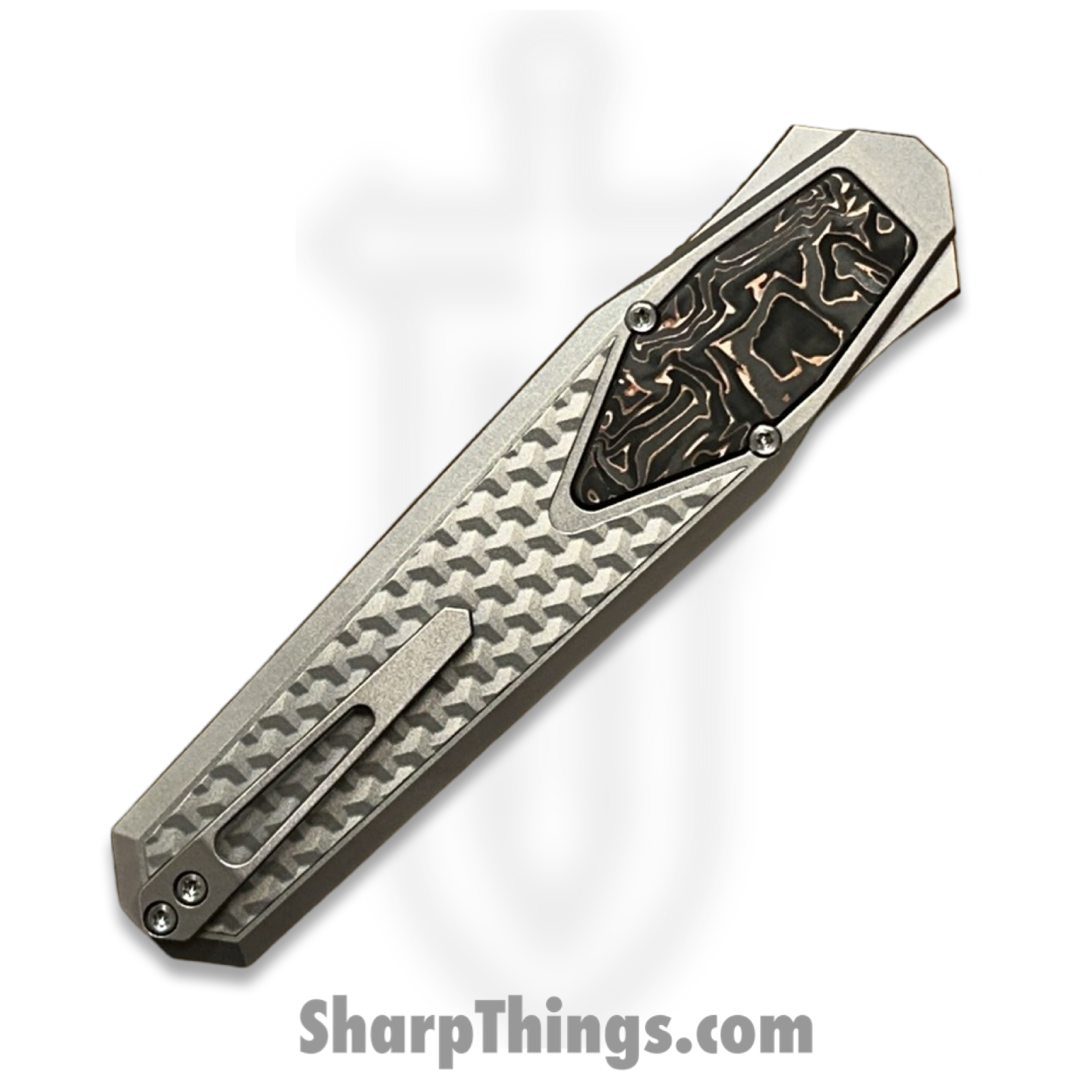 Remette - ZL101B4 - RT Swordfish - OTF Gravity Knife - M390 Satin/Blasted Tanto - Flair Style - Pattern Titanium w Carbon Fiber Inlay - Gray - Image 6