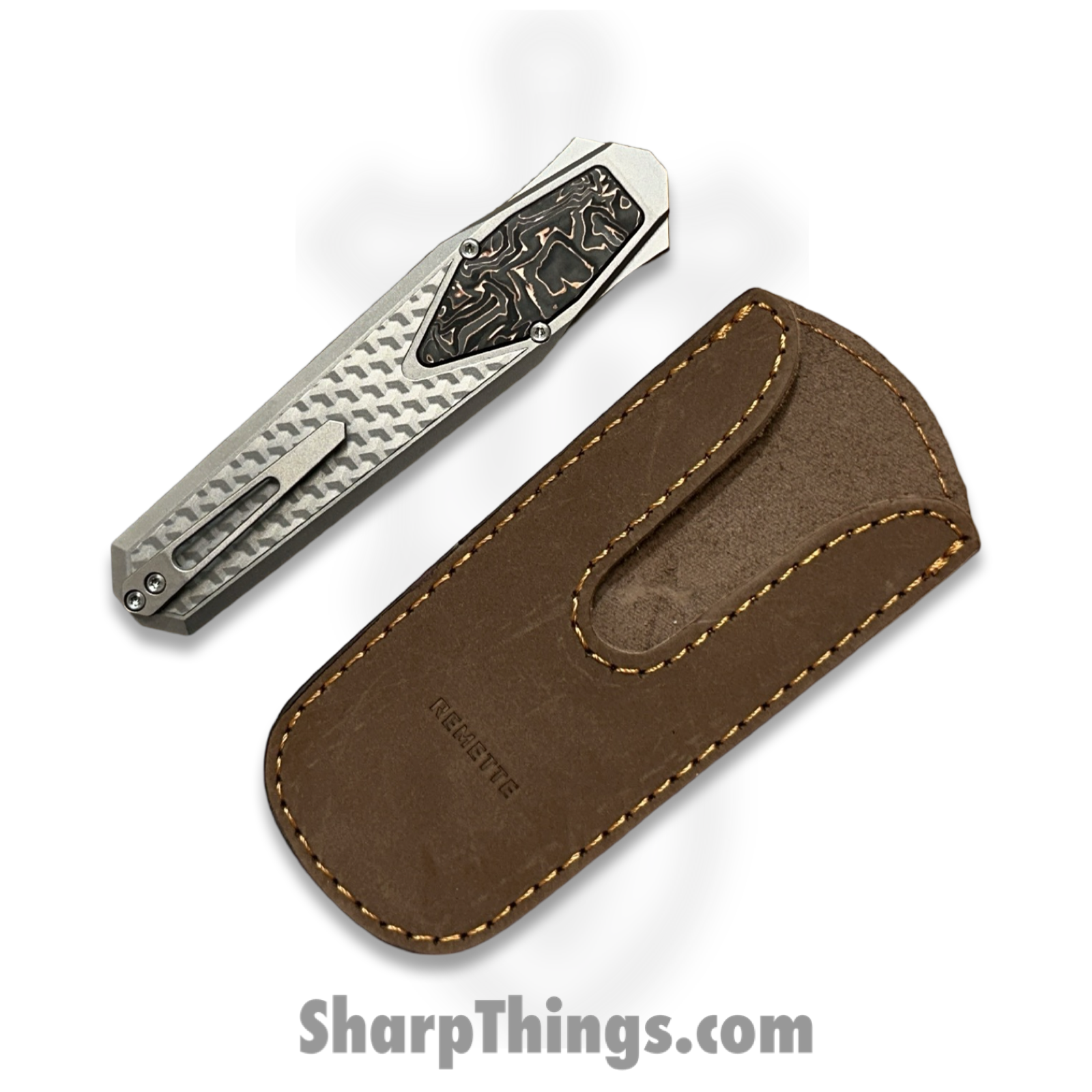 Remette - ZL101B4 - RT Swordfish - OTF Gravity Knife - M390 Satin/Blasted Tanto - Flair Style - Pattern Titanium w Carbon Fiber Inlay - Gray - Image 4