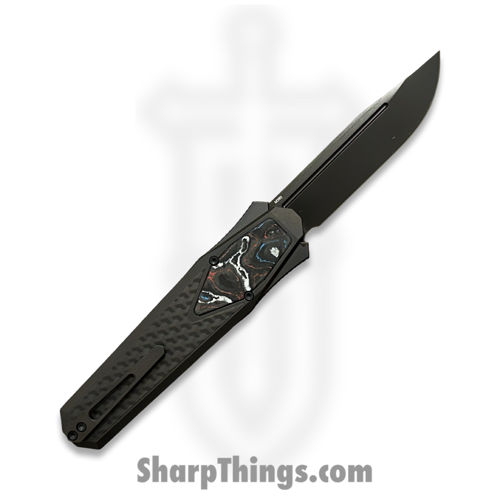 Remette - ZL101B5 - RT Swordfish - OTF Gravity Knife - Black Pearl DLC M390 Clip Point - Flair Style - Pattern Ti w CF Inlay - Black - Image 2