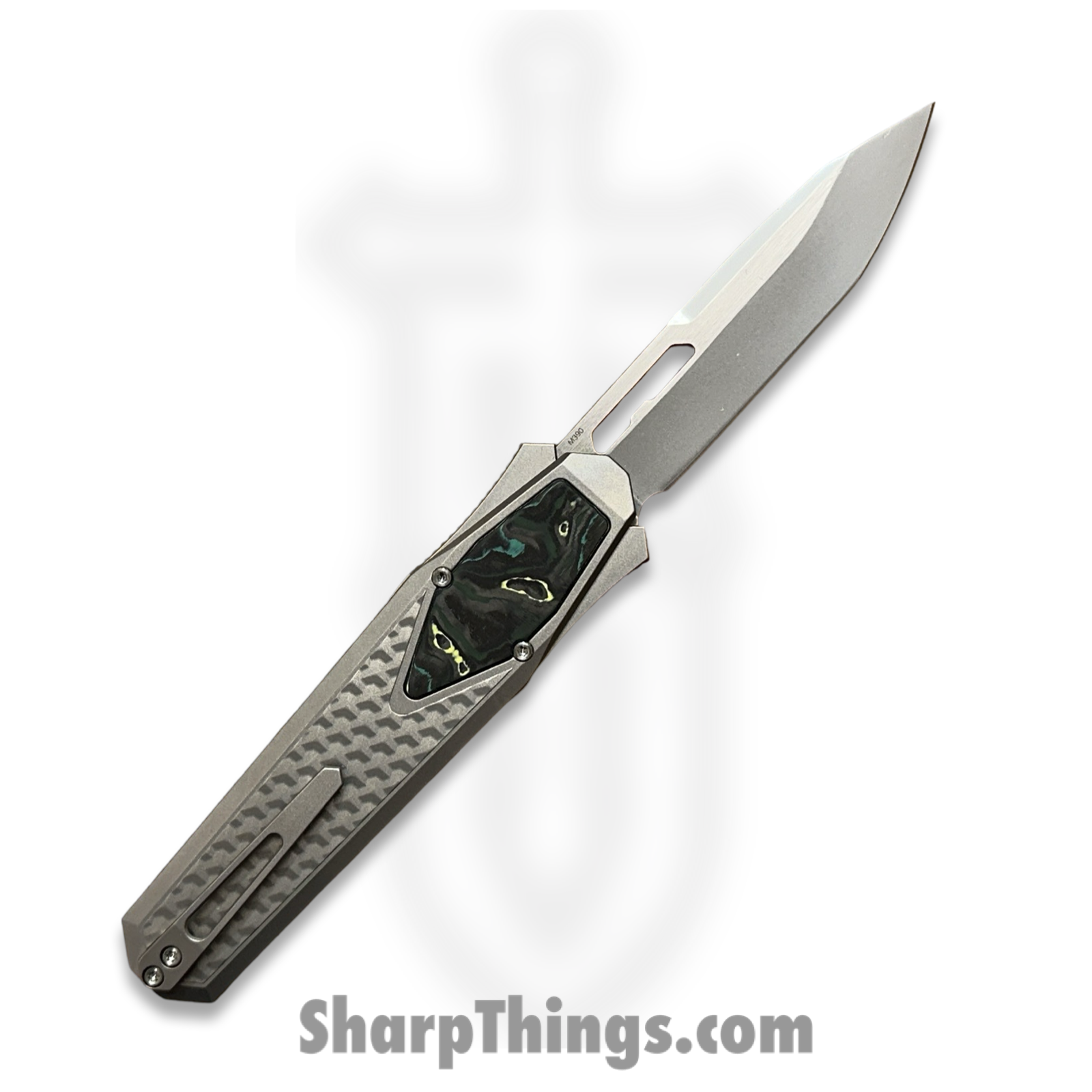 Remette - ZL101B2 - RT Swordfish - OTF Gravity Knife - M390 Satin/Blasted Tanto - Flair Style - Pattern Titanium w Carbon Fiber Inlay - Gray - Image 2