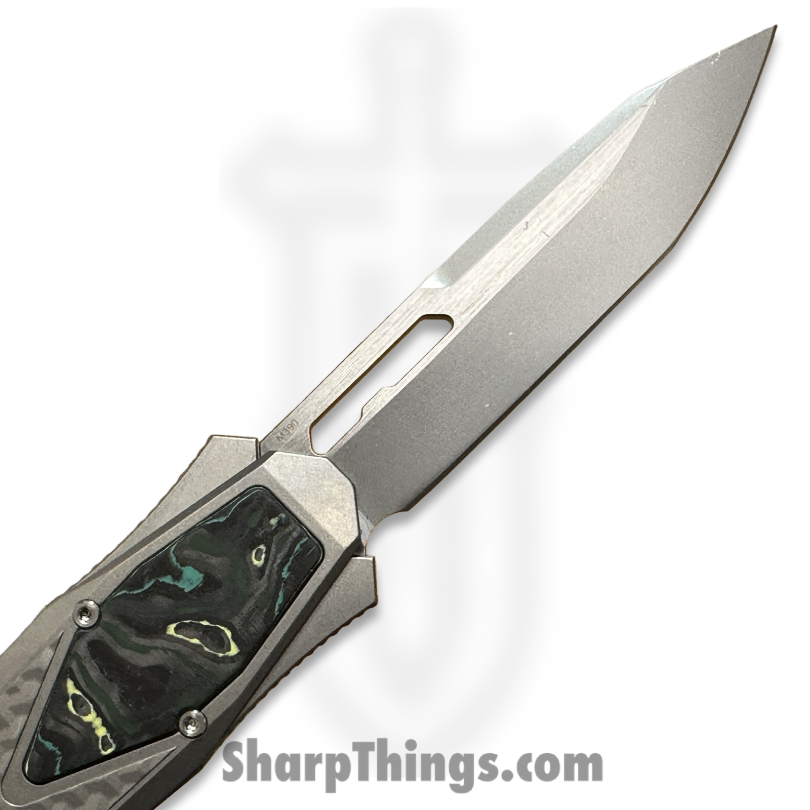 Remette - ZL101B2 - RT Swordfish - OTF Gravity Knife - M390 Satin/Blasted Tanto - Flair Style - Pattern Titanium w Carbon Fiber Inlay - Gray - Image 12