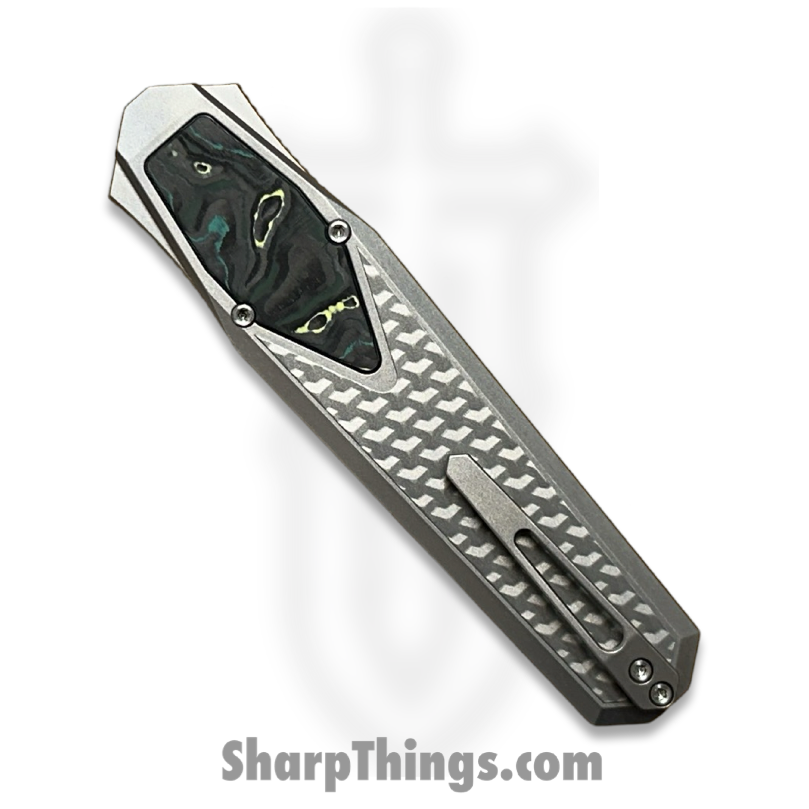 Remette - ZL101B2 - RT Swordfish - OTF Gravity Knife - M390 Satin/Blasted Tanto - Flair Style - Pattern Titanium w Carbon Fiber Inlay - Gray - Image 9