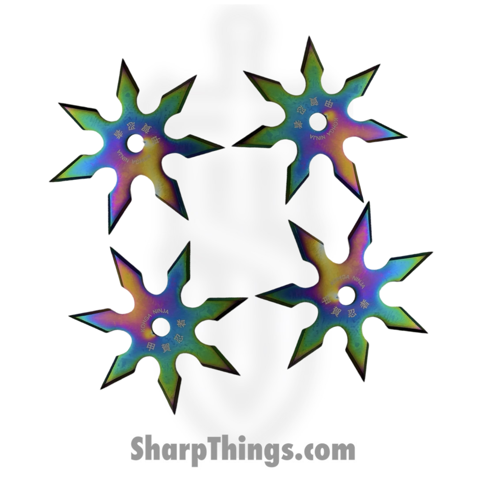VOC - TS-9104-RB-4 - 4in 7 Point Ninja Shuriken Pack of 4 - Fixed Blade Knife - Surgical Steel - Rainbow