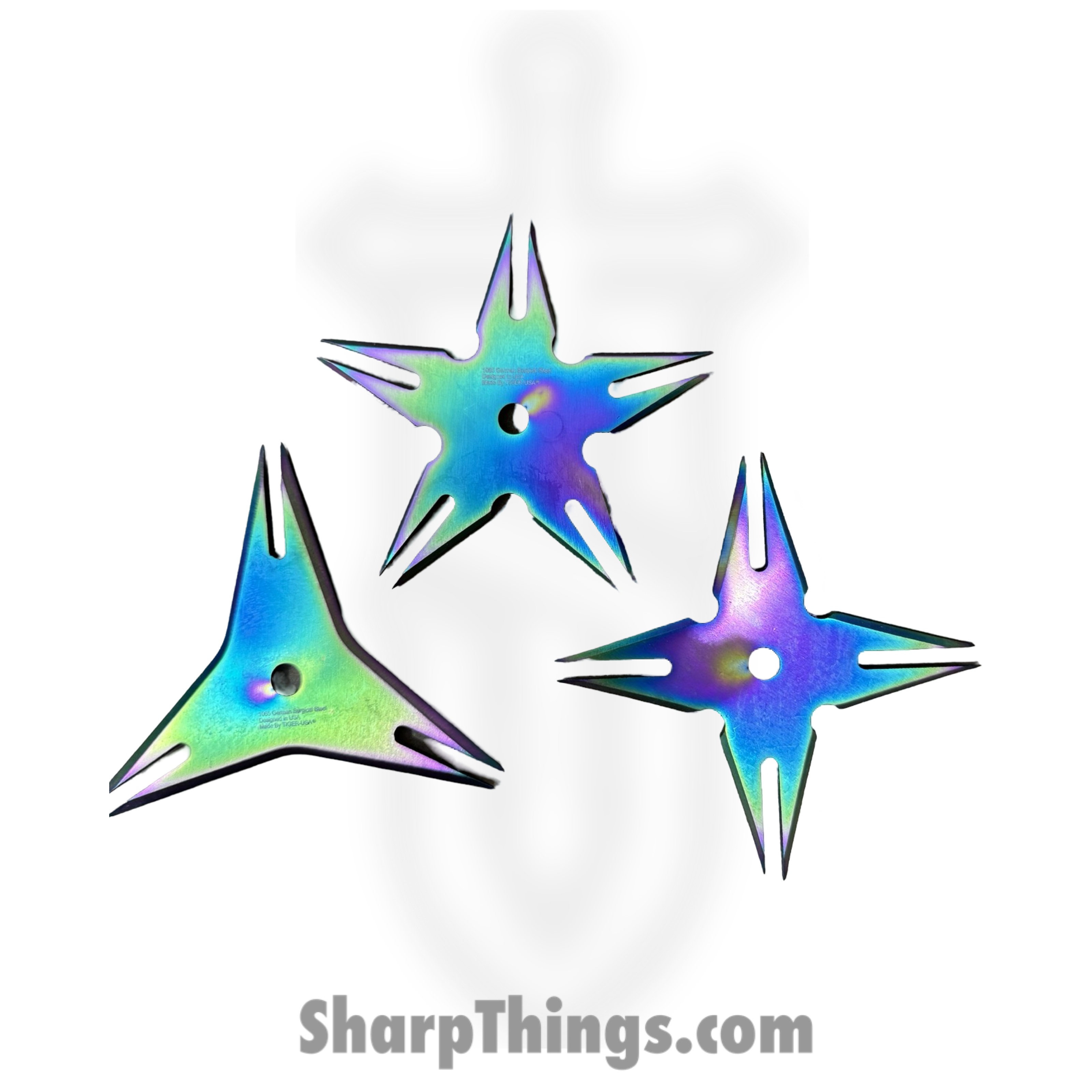 VOC - TS-9108-RB - 3 Piece Throwing Stars - Fixed Blade Knife - 1045 Surgical Steel - Rainbow - Image 3