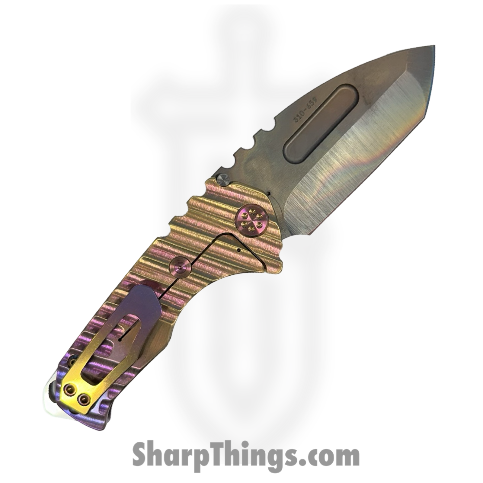 Medford Knife and Tool - MK0294VT-39A5-TFCA-BN - Genesis "T" - Folding Knife - S45VN Vulcan Tanto - Titanium "Warp Speed" - Purple Blue Orange - Image 2