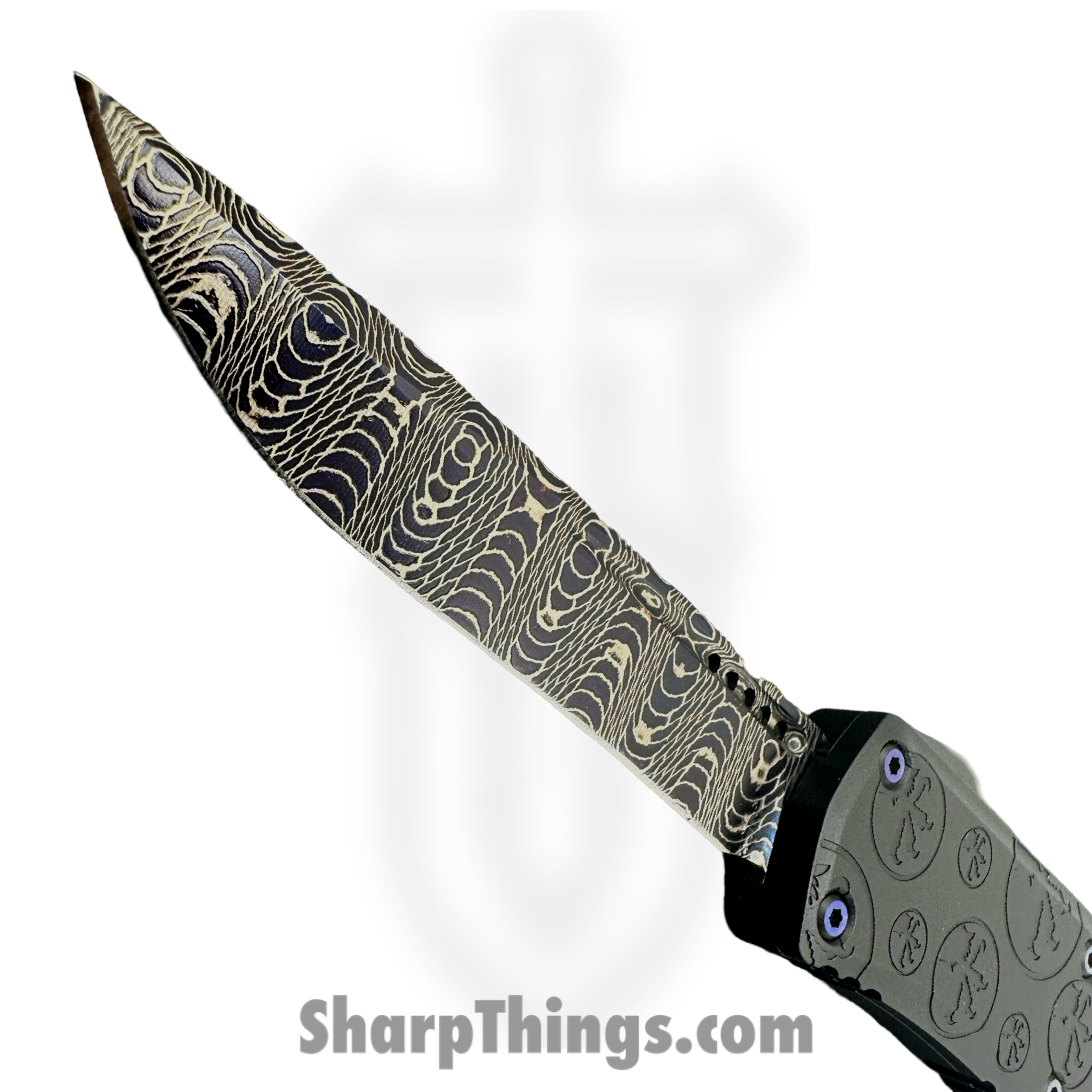Microtech - 1705M-16MS1 - Mini Hera Signature Series - OTF Auto - Vegas Forge Blued Spirograph Damascus Recurve - Claw Burst Aluminum - Black - Image 5