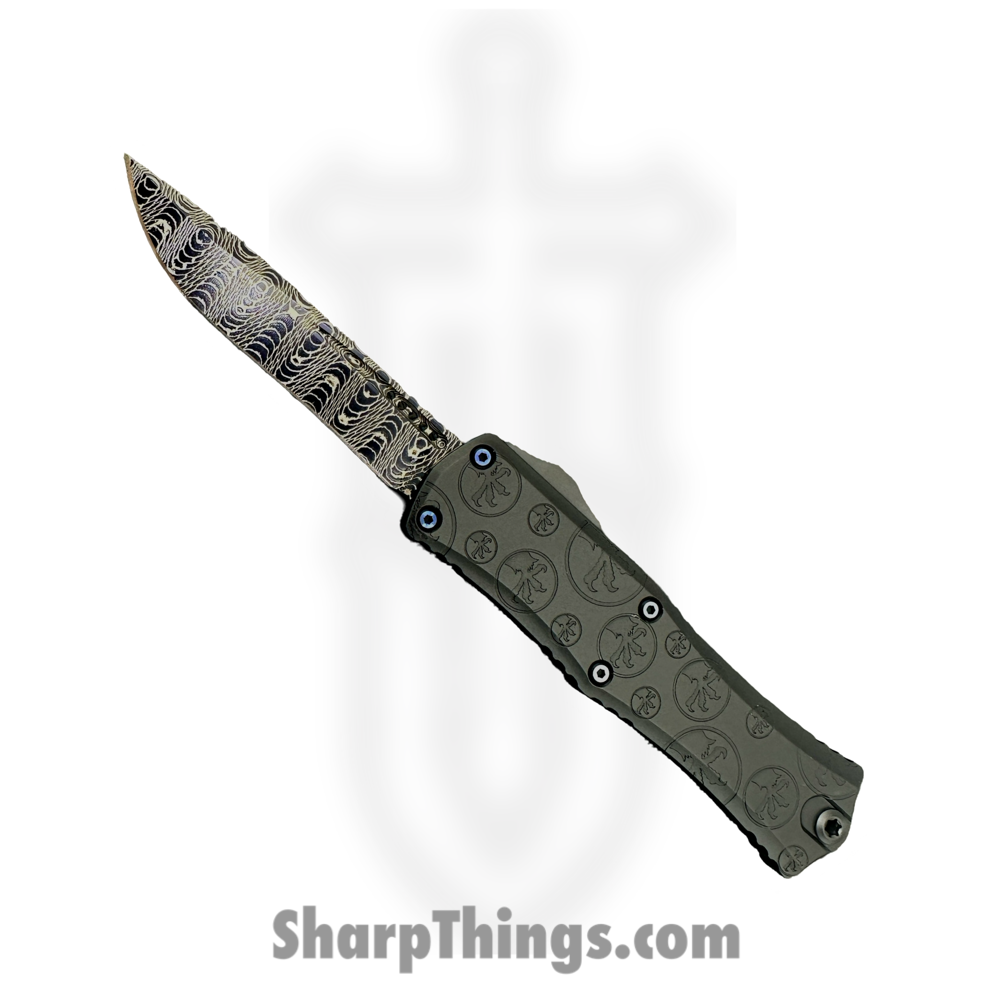 Microtech - 1705M-16MS1 - Mini Hera Signature Series - OTF Auto - Vegas Forge Blued Spirograph Damascus Recurve - Claw Burst Aluminum - Black