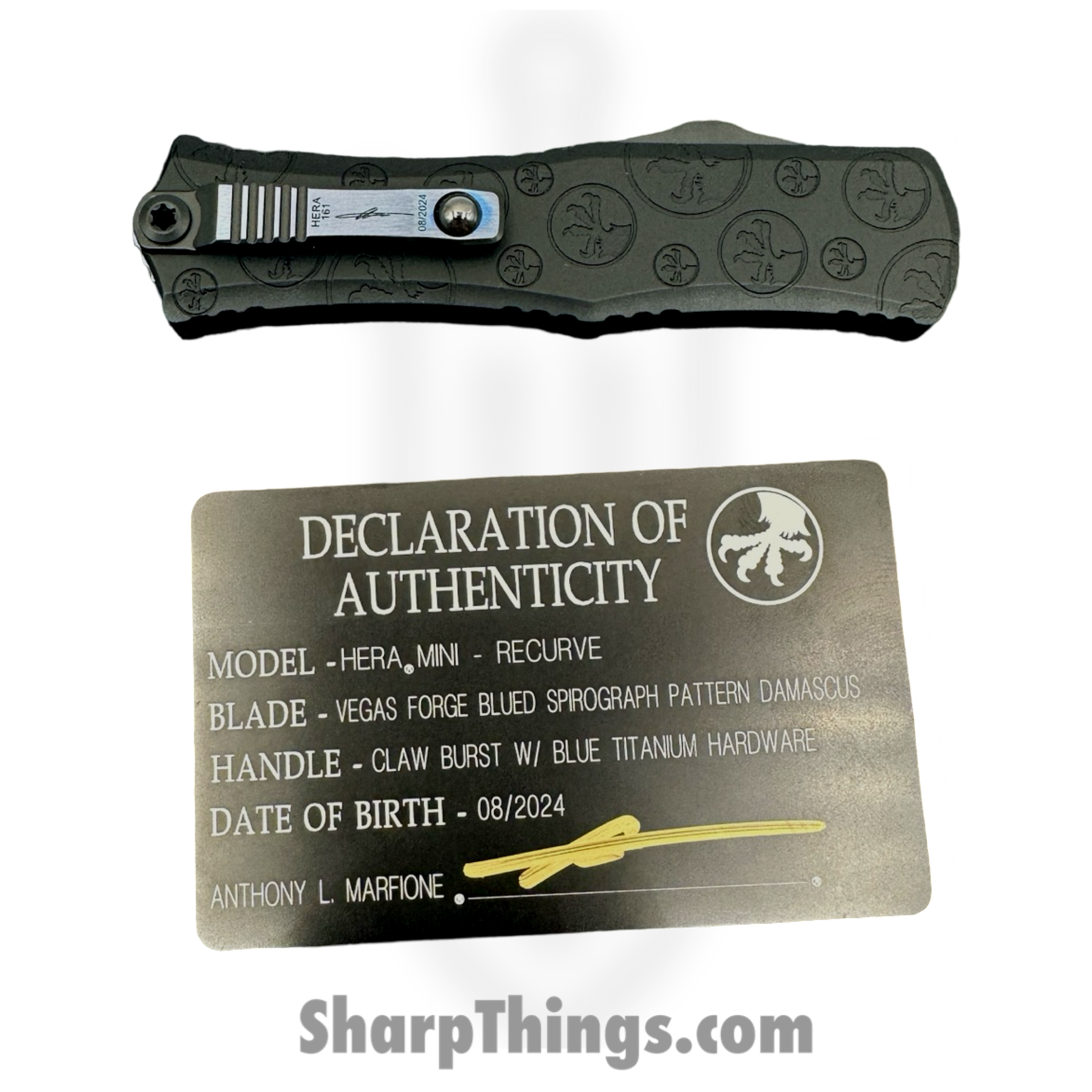Microtech - 1705M-16MS1 - Mini Hera Signature Series - OTF Auto - Vegas Forge Blued Spirograph Damascus Recurve - Claw Burst Aluminum - Black - Image 6