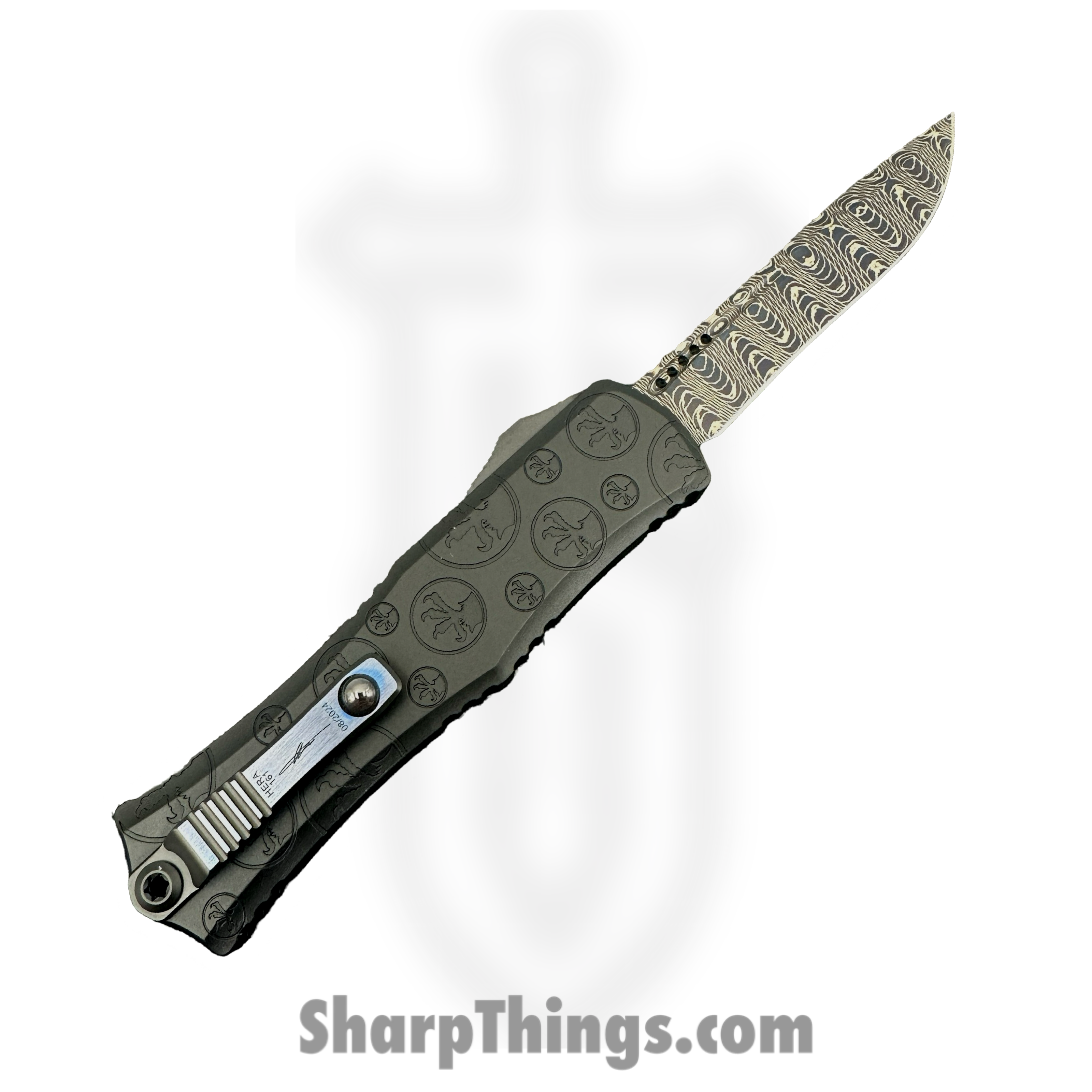 Microtech - 1705M-16MS1 - Mini Hera Signature Series - OTF Auto - Vegas Forge Blued Spirograph Damascus Recurve - Claw Burst Aluminum - Black - Image 2
