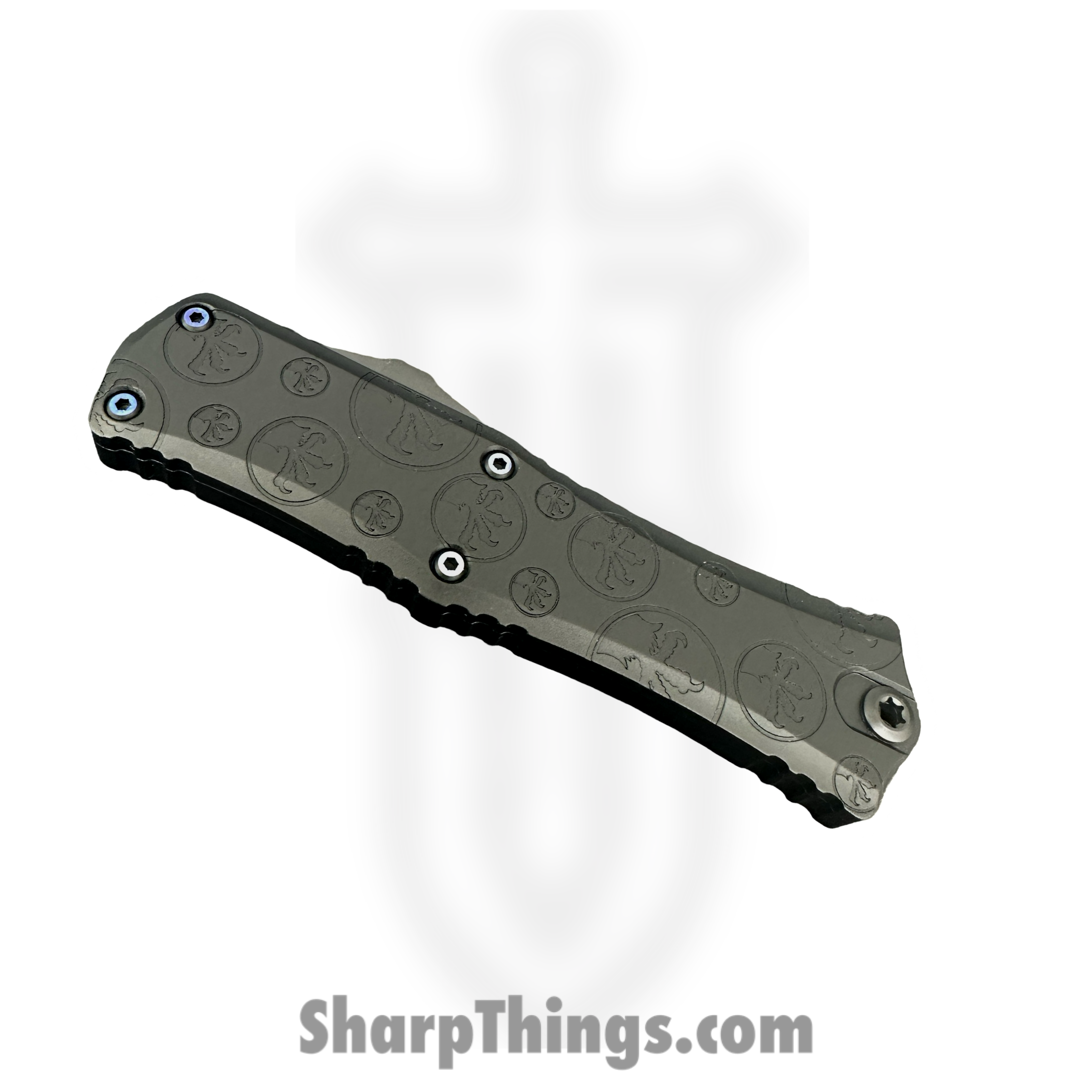 Microtech - 1705M-16MS1 - Mini Hera Signature Series - OTF Auto - Vegas Forge Blued Spirograph Damascus Recurve - Claw Burst Aluminum - Black - Image 3