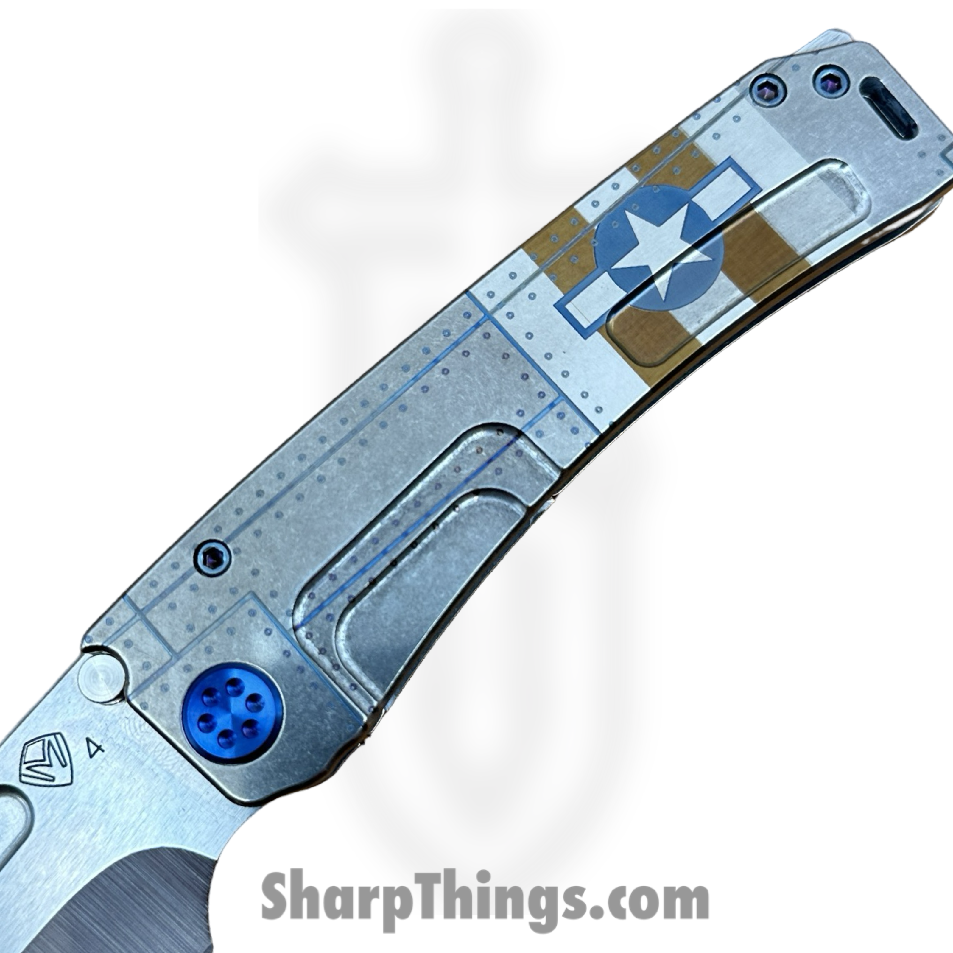 Medford Knife and Tool - 091924B - Marauder-H - Folding Knife - S45VN Tumbled Tanto - Titanium "Star-N-Bars w/ Rivets" - Natural - Image 3