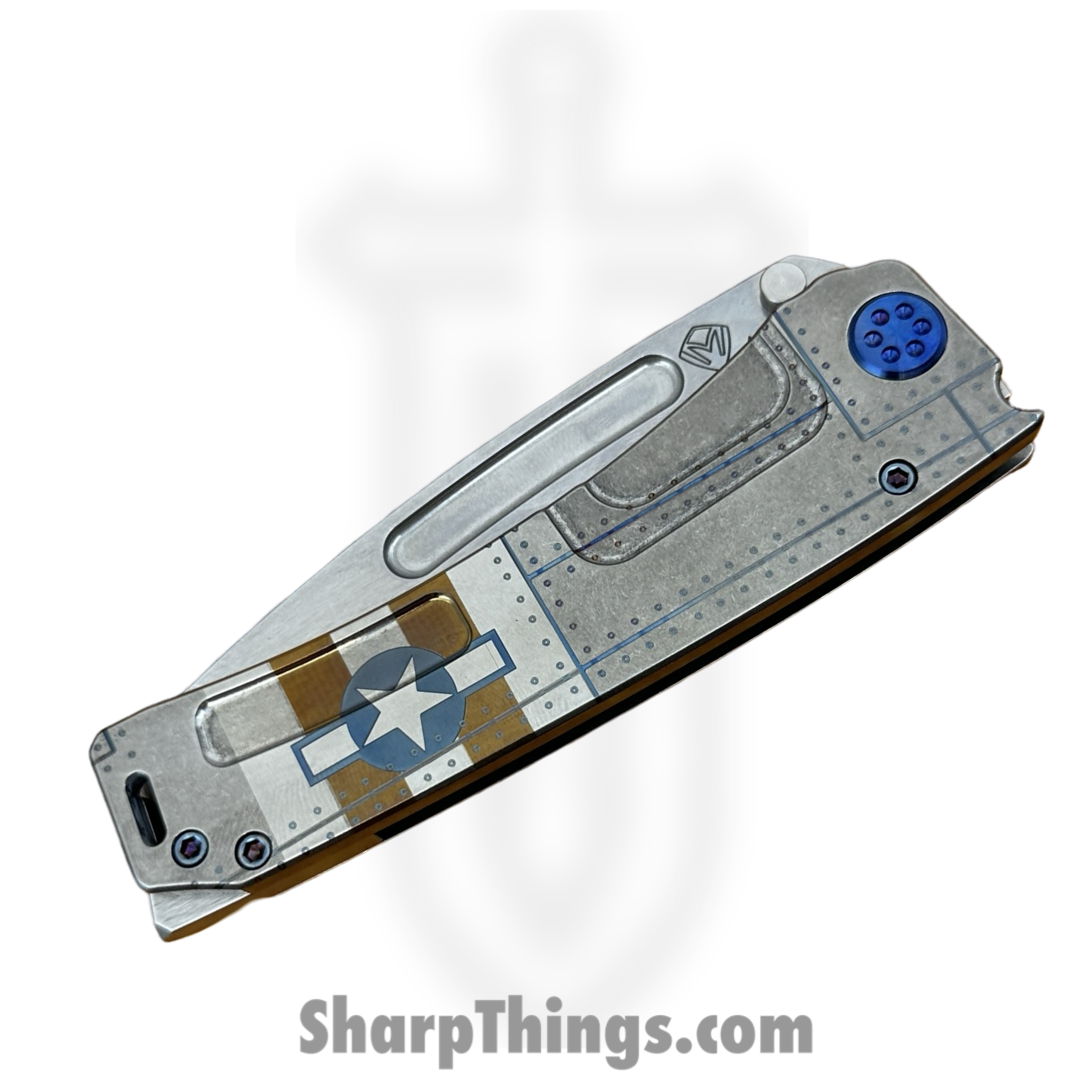 Medford Knife and Tool - 091924B - Marauder-H - Folding Knife - S45VN Tumbled Tanto - Titanium "Star-N-Bars w/ Rivets" - Natural - Image 4