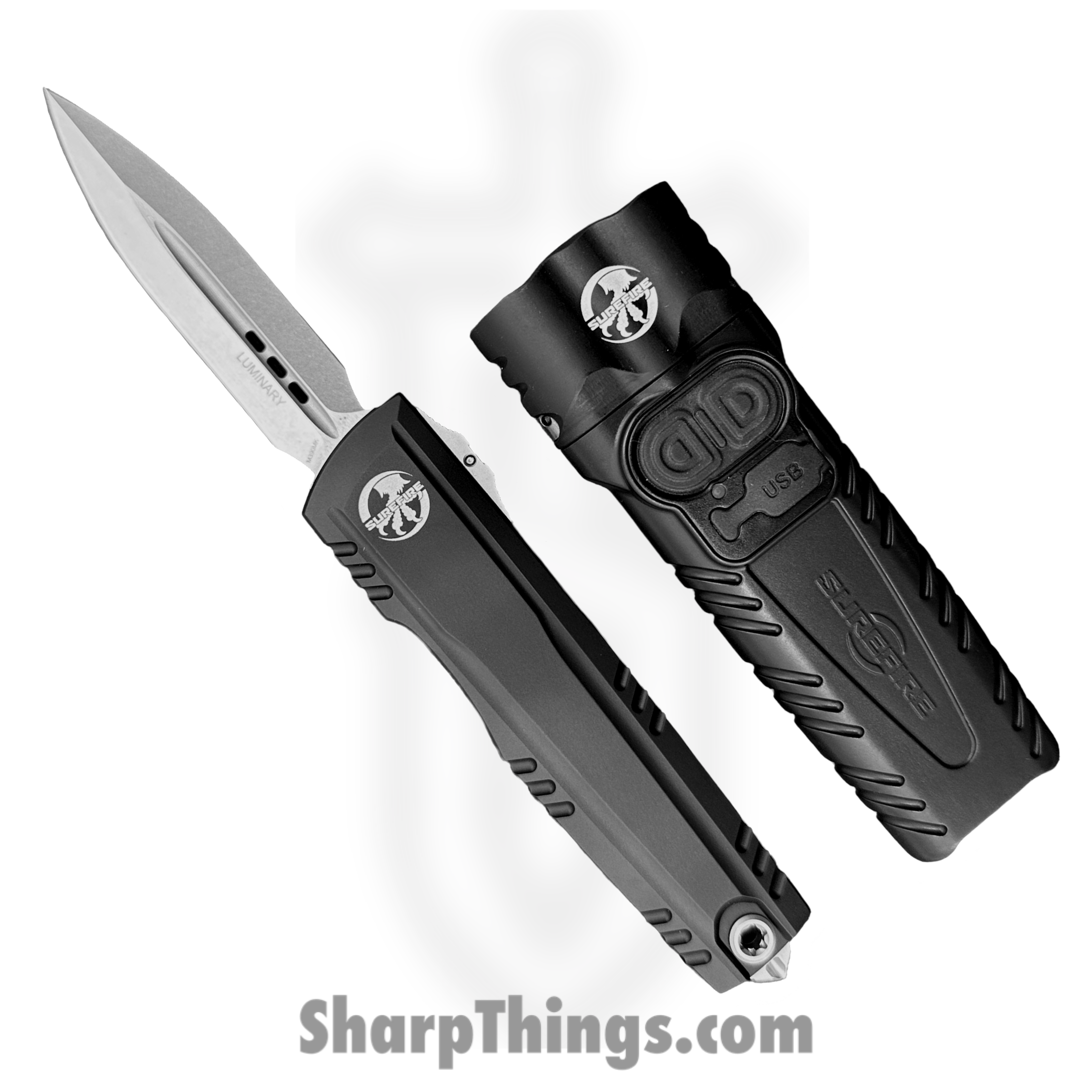 Microtech - 1270-10SET - Luminary and Surefire Stiletto Pro II Set - OTF Auto - M390MK Stonewash Dagger - 6061-T6 Aluminum - Black - Image 6