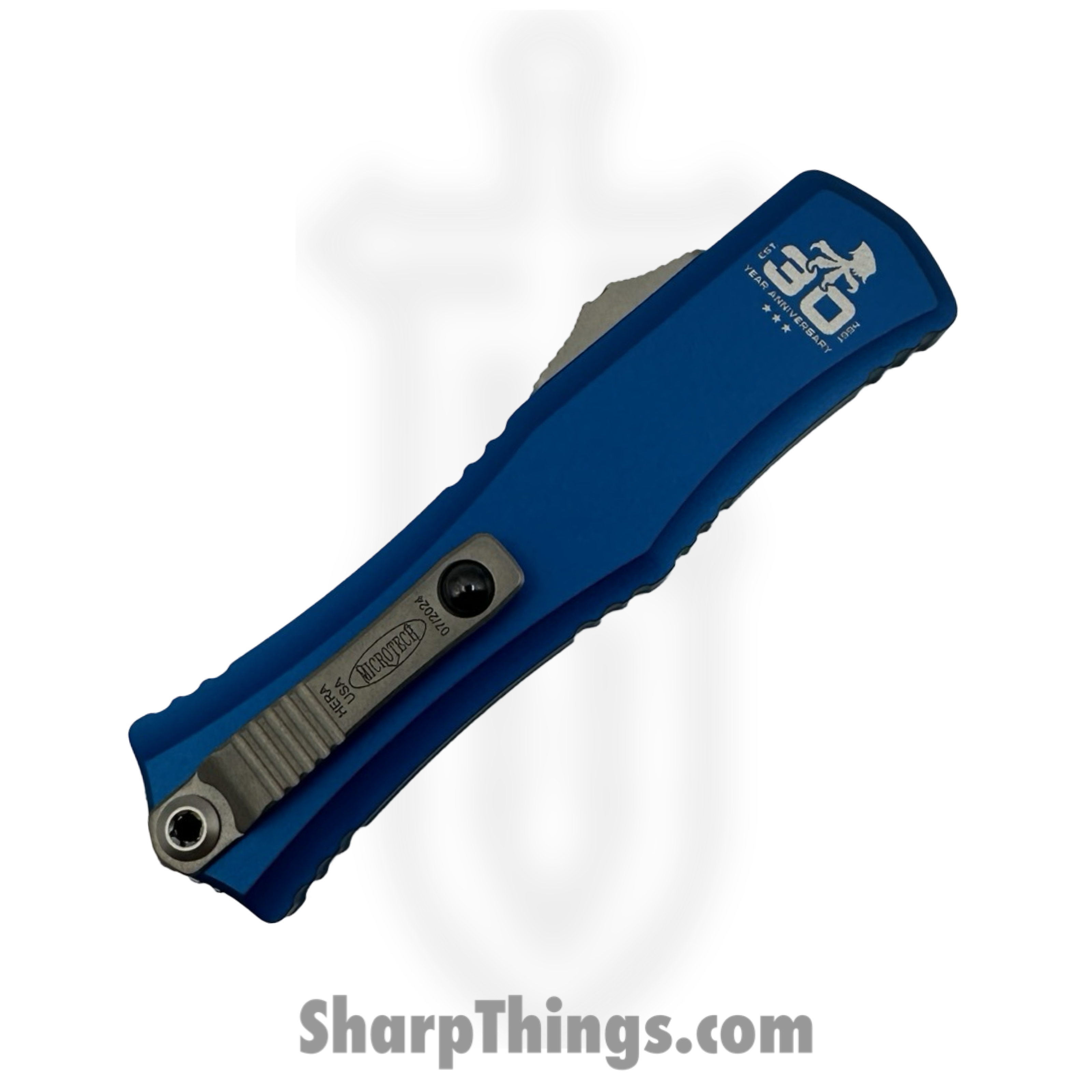 Microtech - 1703M-4BL 30 - Hera II Mini 30th Anniversary - OTF Auto - M390MK Satin Drop Point - 6061-T6 Aluminum - Blue - Image 3