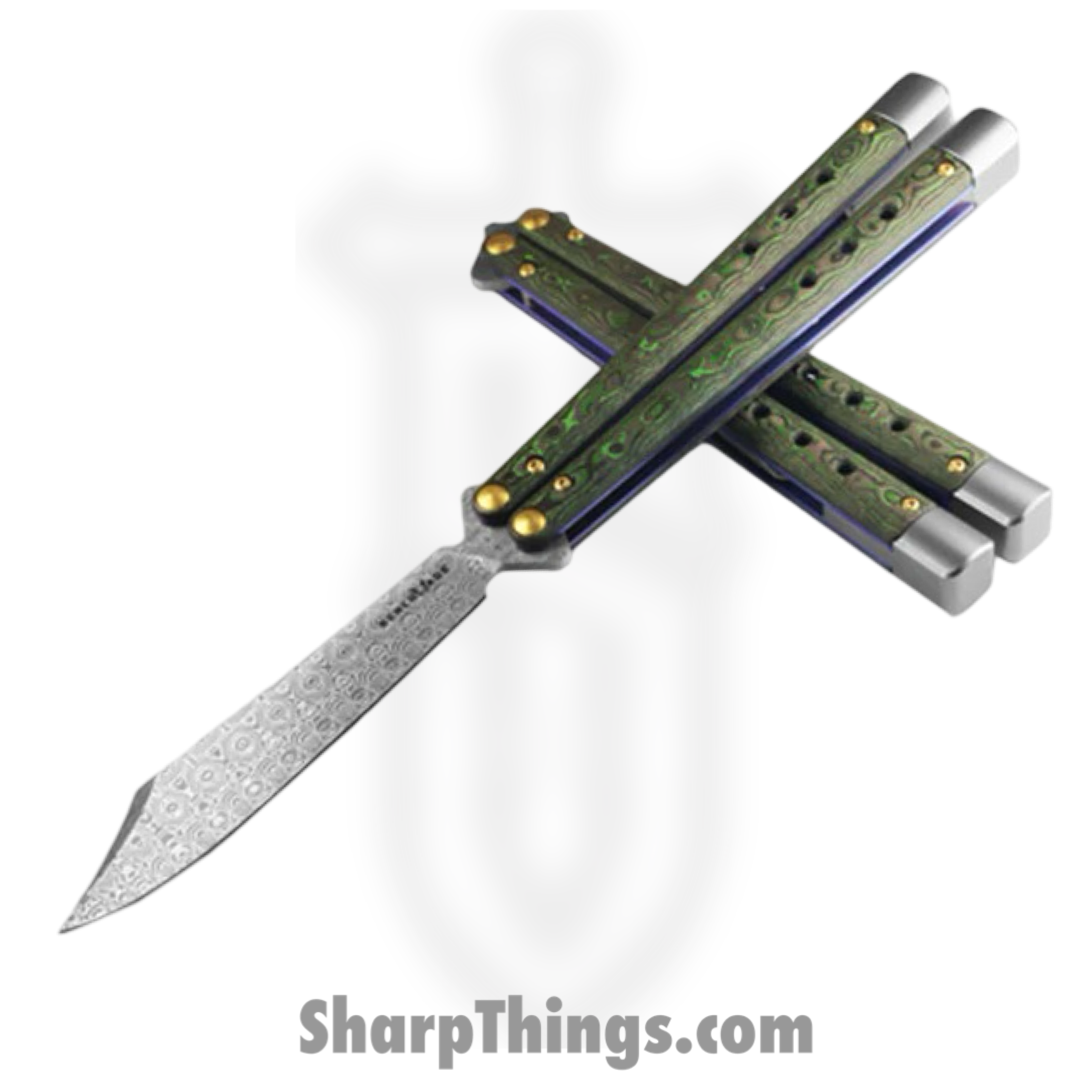 Benchmade - 99-242 - Necron Gold Class - Balisong - Monarch Damasteel Scimitar - FatCarbon - Jungle Wear Green - Image 2