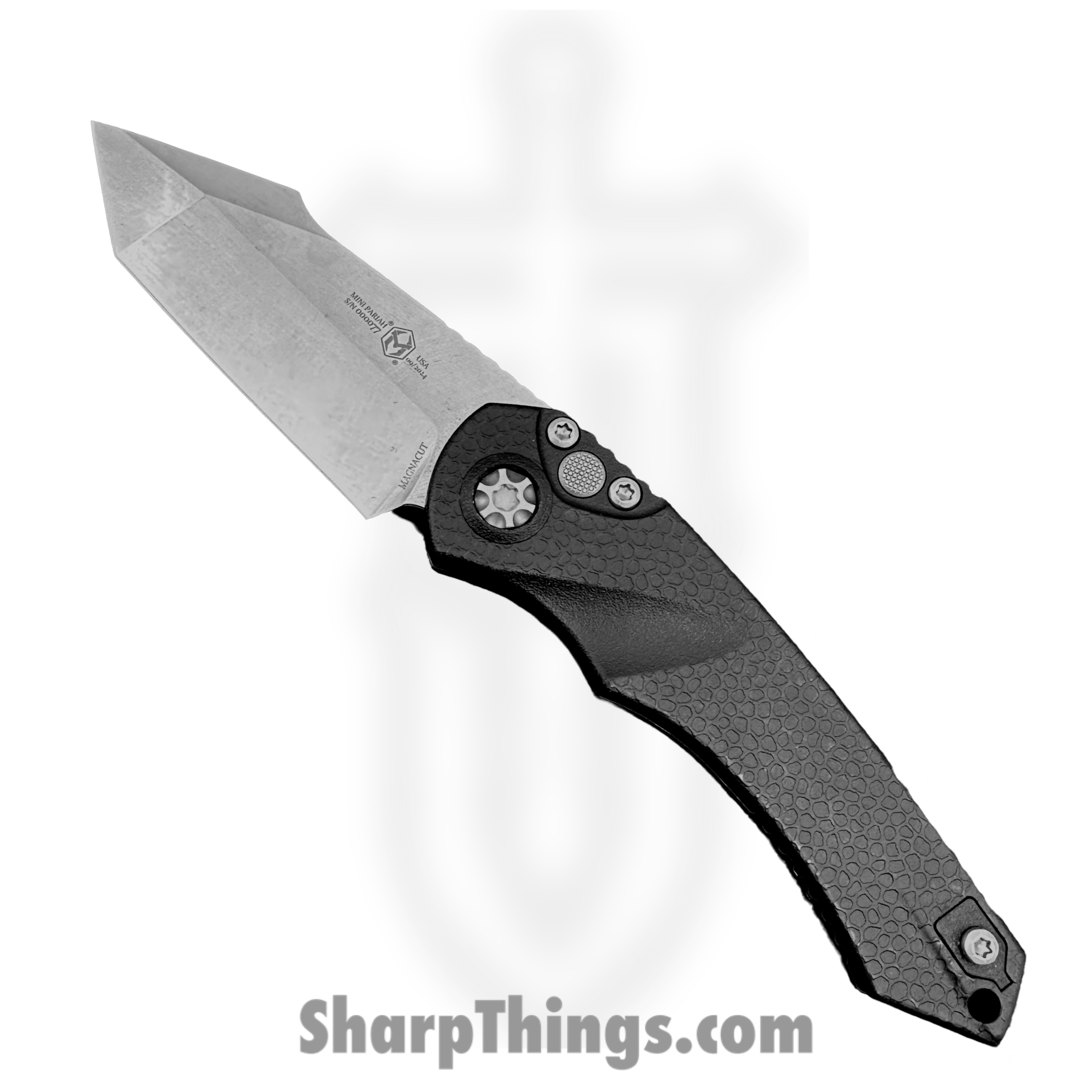 Heretic Knives - H055-2A - Mini Pariah Auto - Automatic Knife - CPM MagnaCut Stonewash Tanto - Polymer - Black