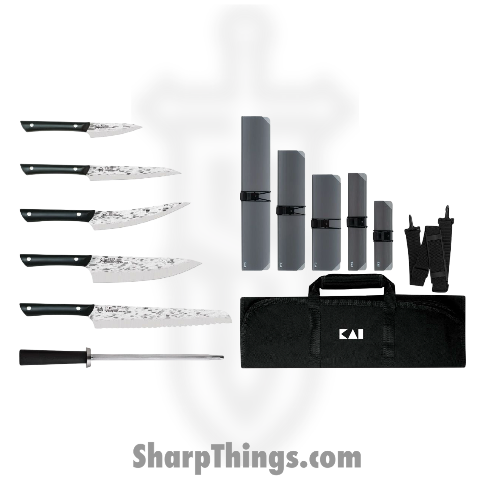 Kai - HTS0799 - Pro 7 Pc Set - Fixed Blade Knife - AUS-6 Hammered Multi - POM - Black