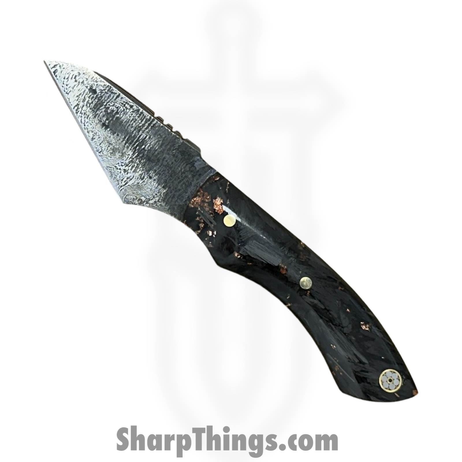 Royalty Rings Co. - RRC-NYX-01 - NYX - Fixed Blade Knife - Baker Forge Damascus Damascus Kiridashi - Carbon Fiber - Black/Copper - Image 2