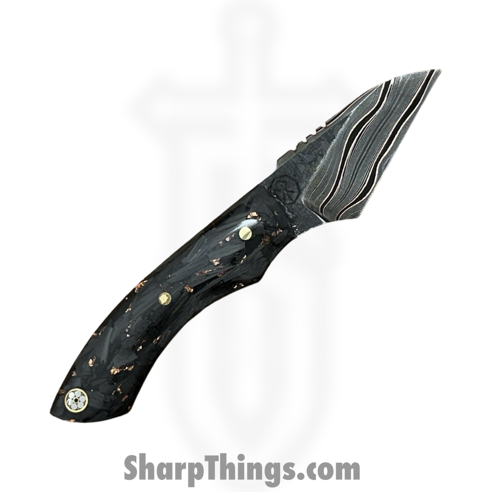 Royalty Rings Co. - RRC-NYX-01 - NYX - Fixed Blade Knife - Baker Forge Damascus Damascus Kiridashi - Carbon Fiber - Black/Copper