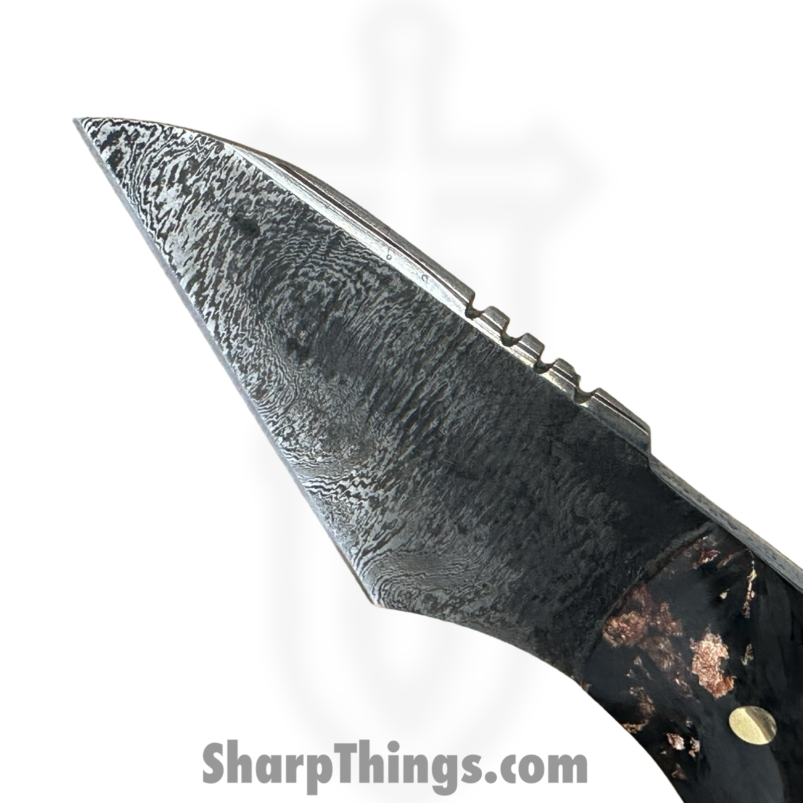 Royalty Rings Co. - RRC-NYX-01 - NYX - Fixed Blade Knife - Baker Forge Damascus Damascus Kiridashi - Carbon Fiber - Black/Copper - Image 4