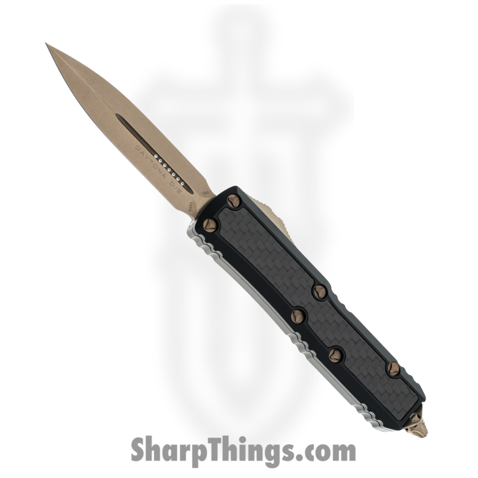 Microtech - 126-13CFIS - Daytona - OTF Auto - Elmax, M390, 204P Bronze Stonewash Dagger - 6061-T6 Aluminum/CF Inlay - Black