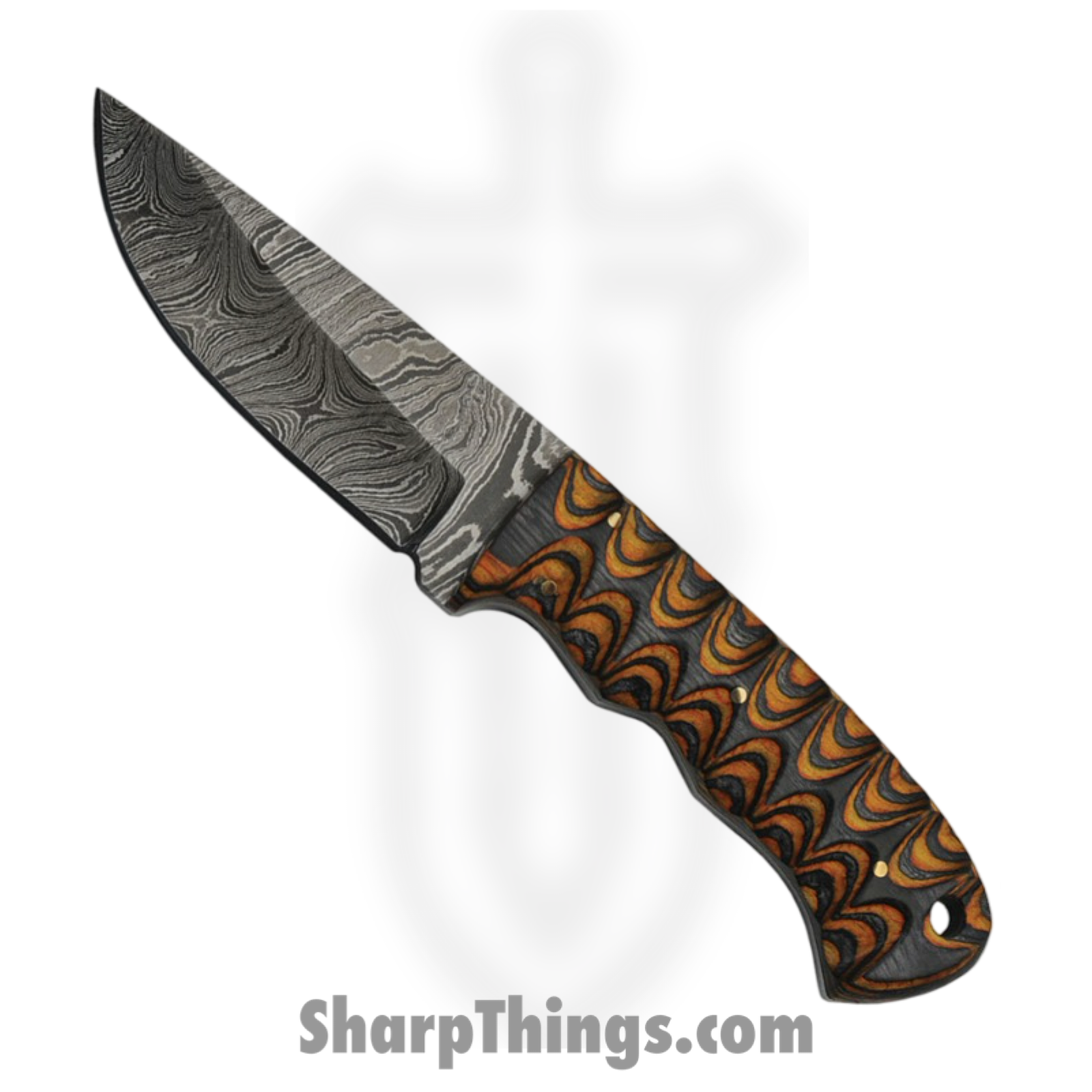 Damascus - DM1218 - Hunter - Fixed Blade Knife - Damascus Drop Point - Wood - Brown Orange
