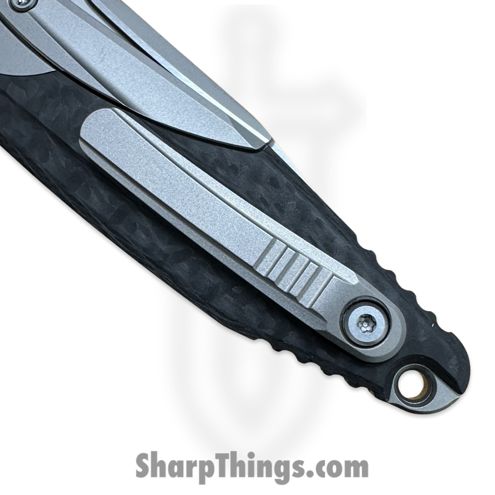 Microtech - 260M-9CFTI - Mini Socom Bravo - Folding Knife - M390 Bead Blast Clip Point - Bolstered 6AI4V Titanium with Carbon Fiver Scales - Black - Image 11
