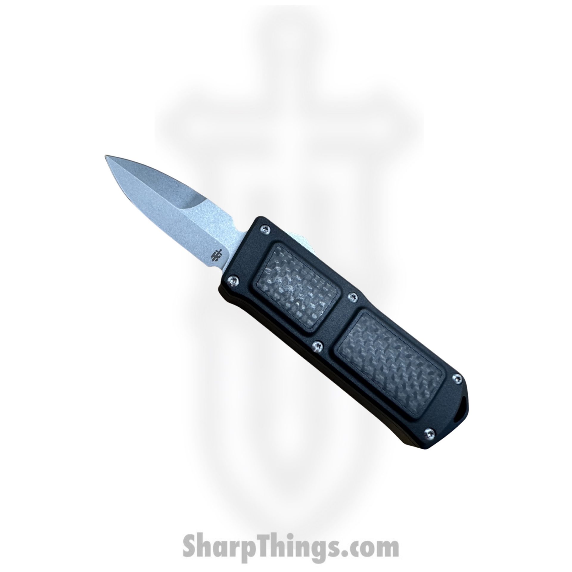TakCom - Stubby-DE-ST - Stubby - OTF Auto - 154CM Stonewash Bayonet - 6061-T6 Aluminum w CF Inlay - Black - Image 6