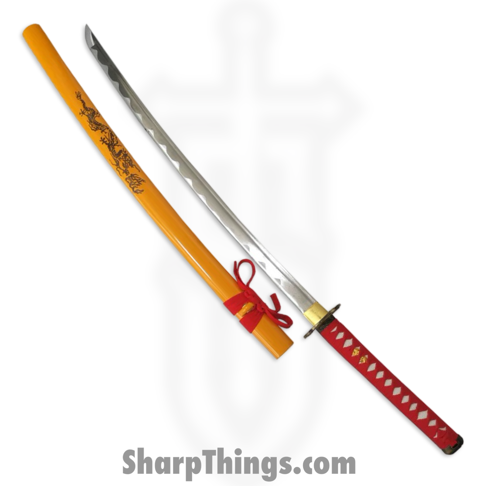 Tiger USA - PS-H16-E - Katana - Carbon Steel w Hamon Line - Yellow/Red Scabbard - Red Handle - Stand Inc