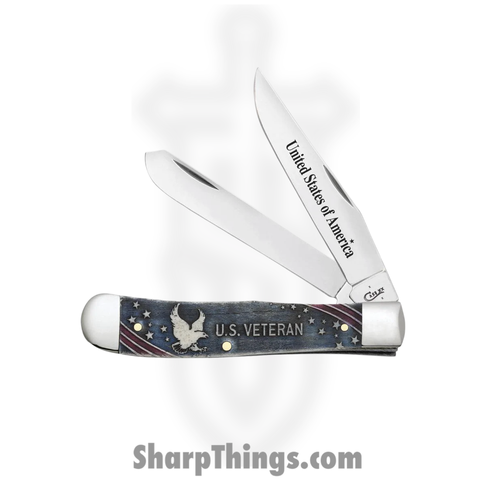 Case Cutlery - CA16300 - U.S. Veteran Trapper - Folding Knife - Tru-Sharp™ Stainless Polished Clip/Spey - Natural Bone - Blue Red - Image 2