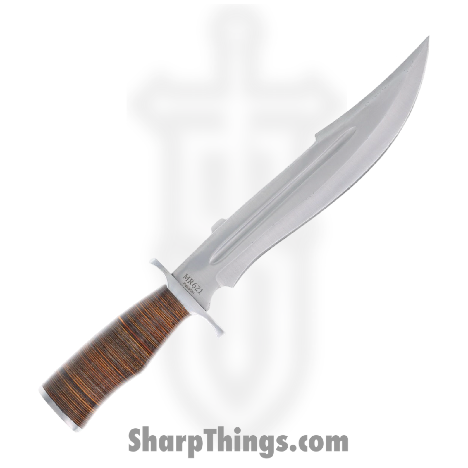 Marbles - MR621 - Bowie - Fixed Blade Knife - Stainless Satin Clip Point - Stacked Leather - Brown - Image 2