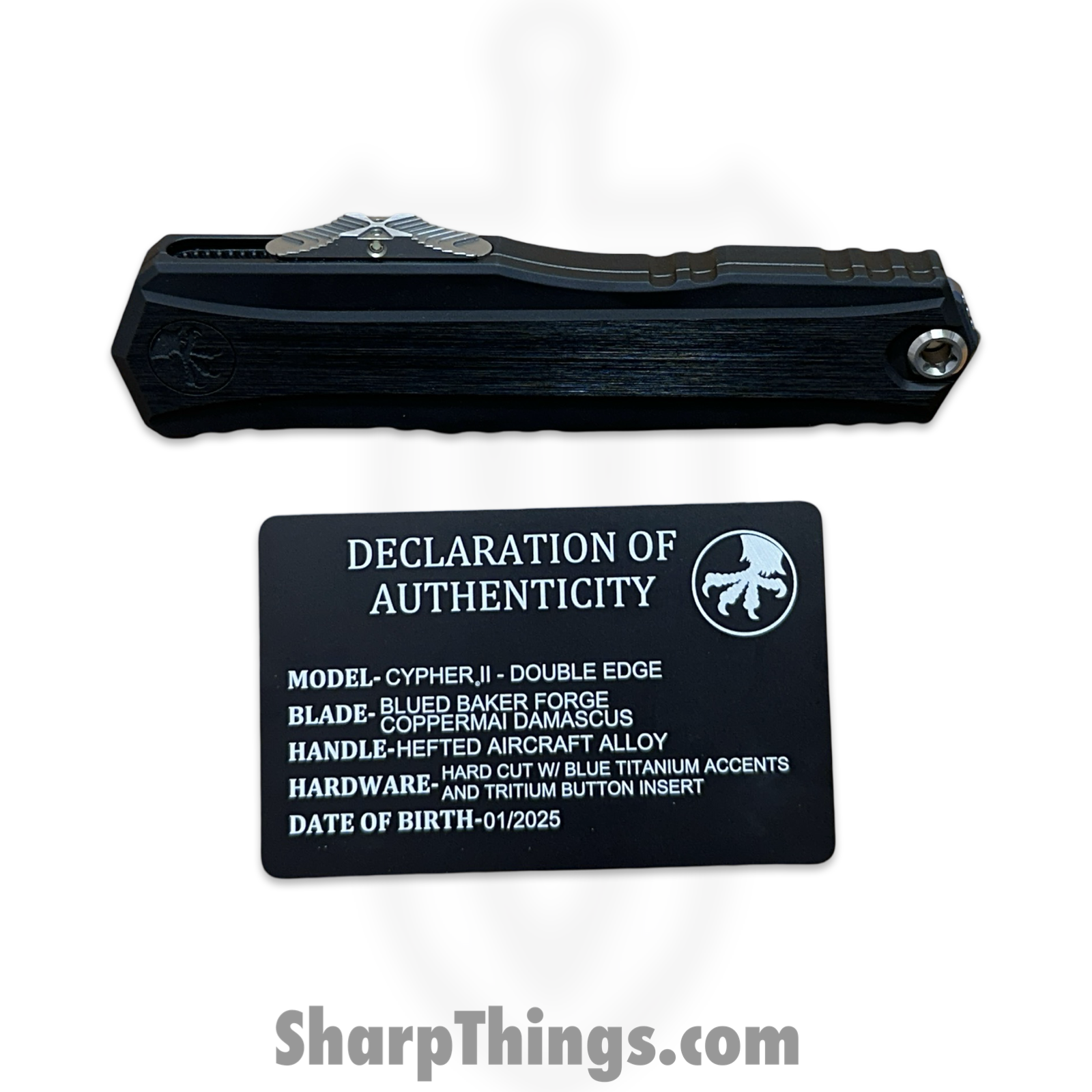 Microtech - 1242-16MS2 - Marfione Select Cypher II - OTF Auto - Blued Baker Forge Coppermai Damascus Dagger - Hefted Alloy - Black/Blue - Image 14