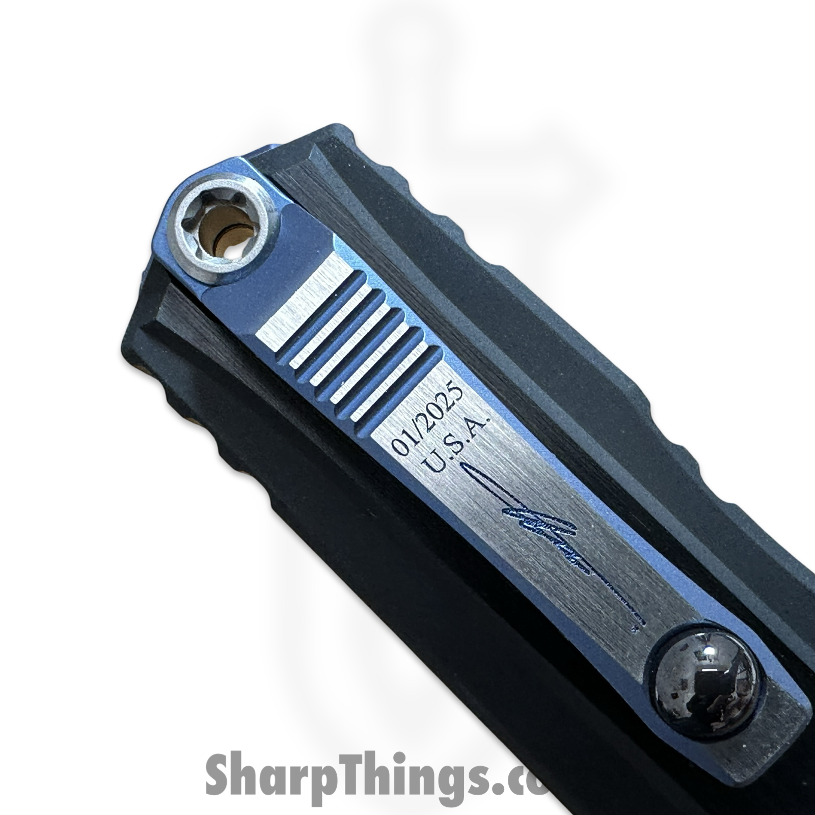 Microtech - 1242-16MS2 - Marfione Select Cypher II - OTF Auto - Blued Baker Forge Coppermai Damascus Dagger - Hefted Alloy - Black/Blue - Image 7