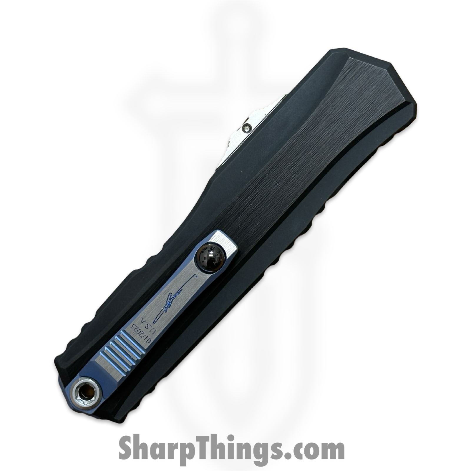Microtech - 1242-16MS2 - Marfione Select Cypher II - OTF Auto - Blued Baker Forge Coppermai Damascus Dagger - Hefted Alloy - Black/Blue - Image 6