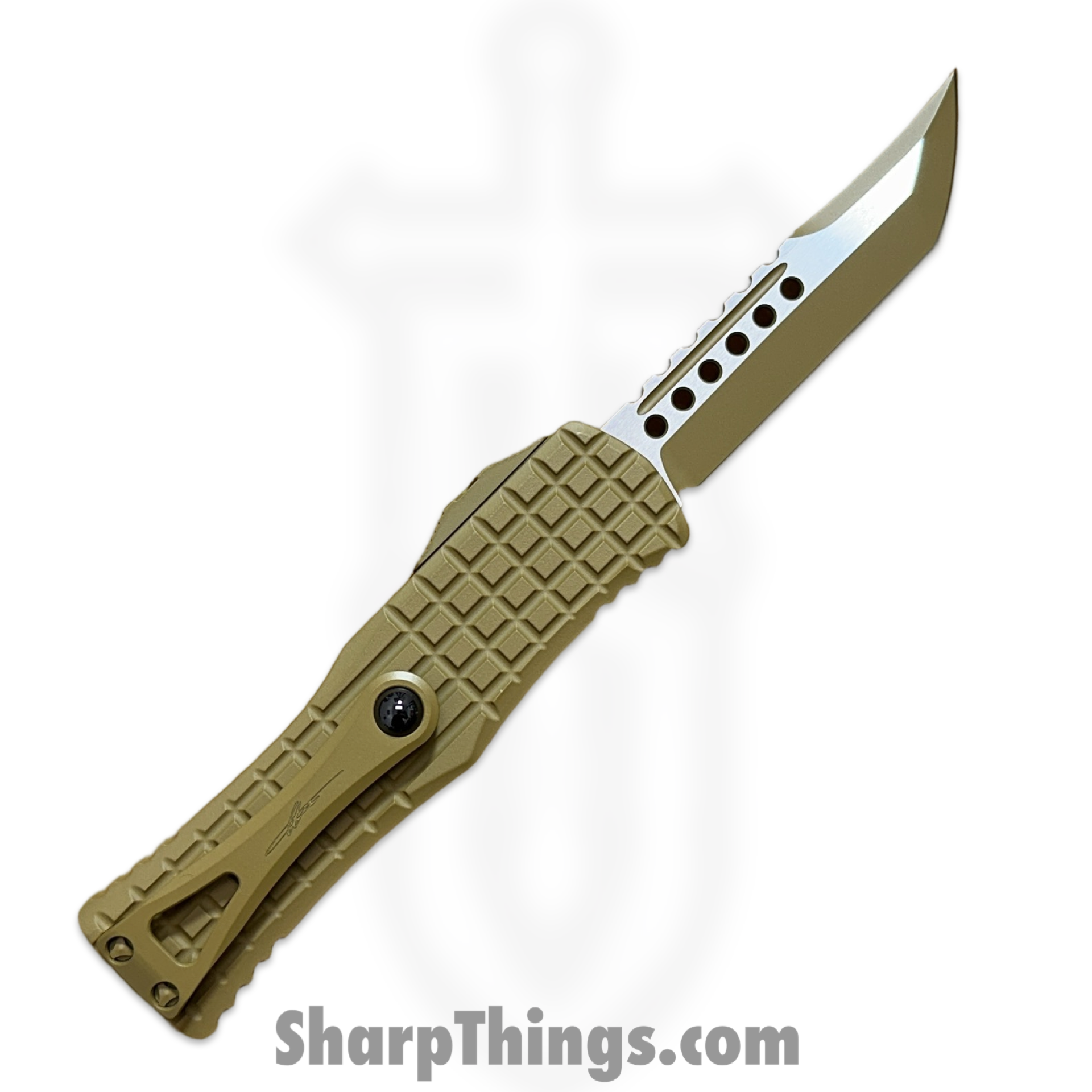 Microtech - 919-1FRCRAS - Signature Series Hera - OTF Auto - Cerakote RAL-800 Hellhound Tanto - 6061-T6 Aluminum - Tan - Image 2