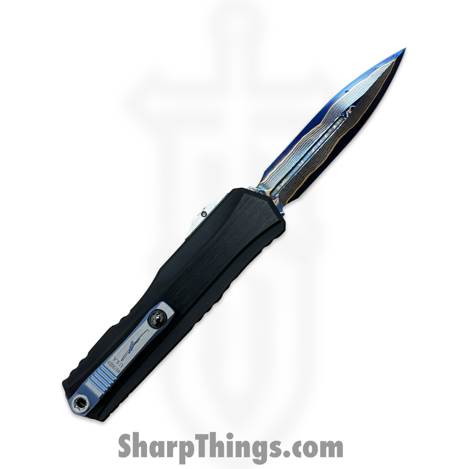 Microtech - 1242-16MS2 - Marfione Select Cypher II - OTF Auto - Blued Baker Forge Coppermai Damascus Dagger - Hefted Alloy - Black/Blue - Image 2